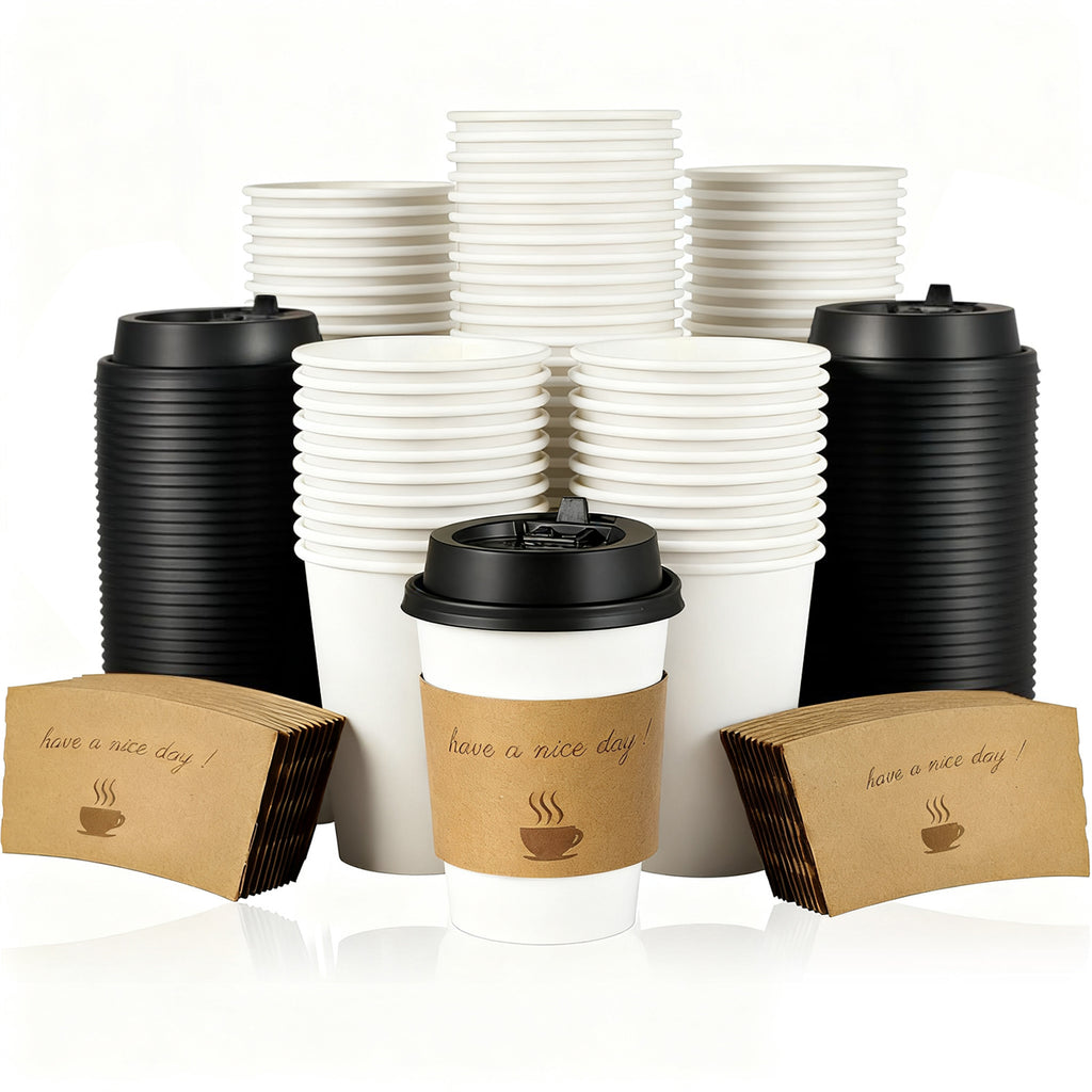 Lamosi 12/16oz Disposable Coffee Cups with Lids and Sleeves, Leak-free Insulated to Go Paper Hot Cups, 100 Count