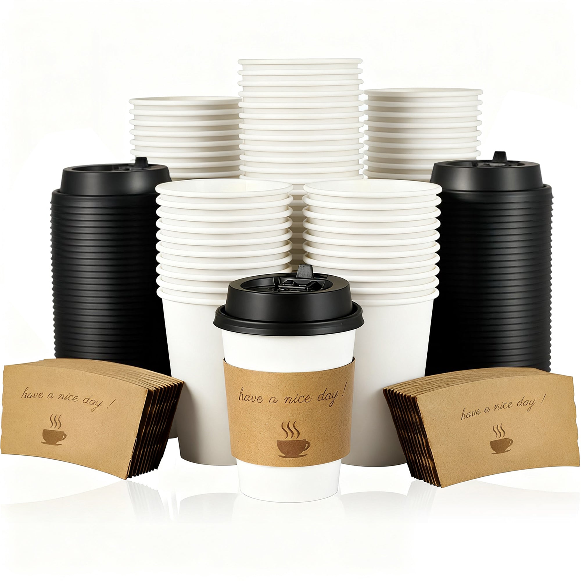 Lamosi 12/16oz Disposable Coffee Cups with Lids and Sleeves, Leak-free Insulated to Go Paper Hot Cups, 100 Count