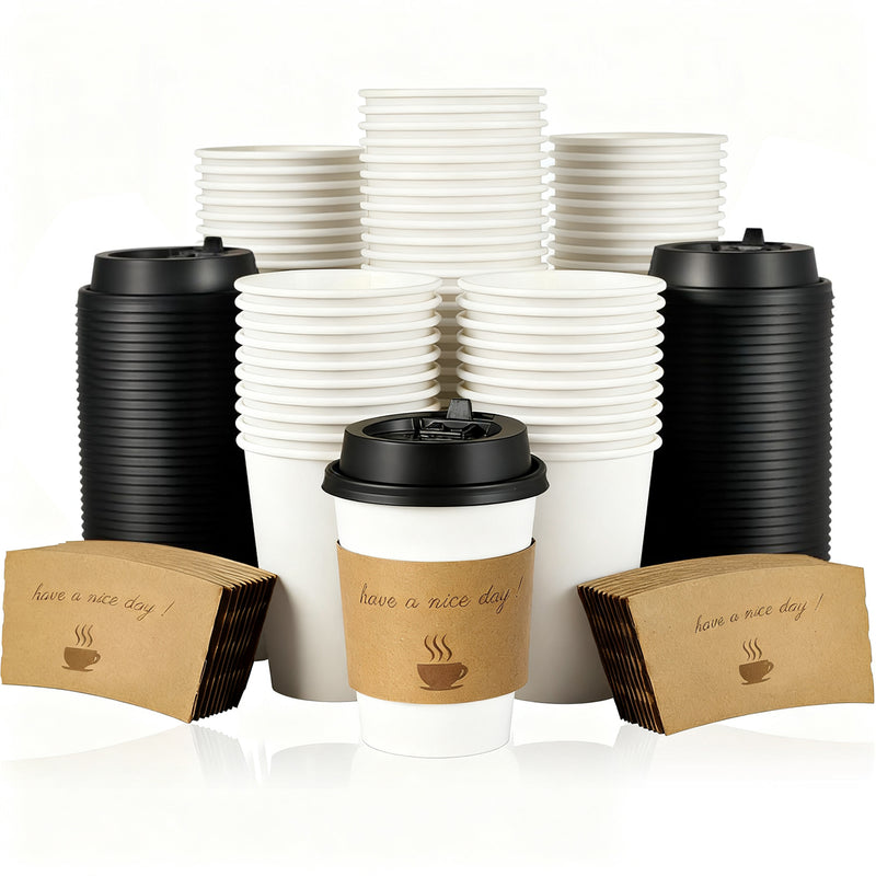 Lamosi 12/16oz Disposable Coffee Cups with Lids and Sleeves, Leak-free Insulated to Go Paper Hot Cups, 100 Count