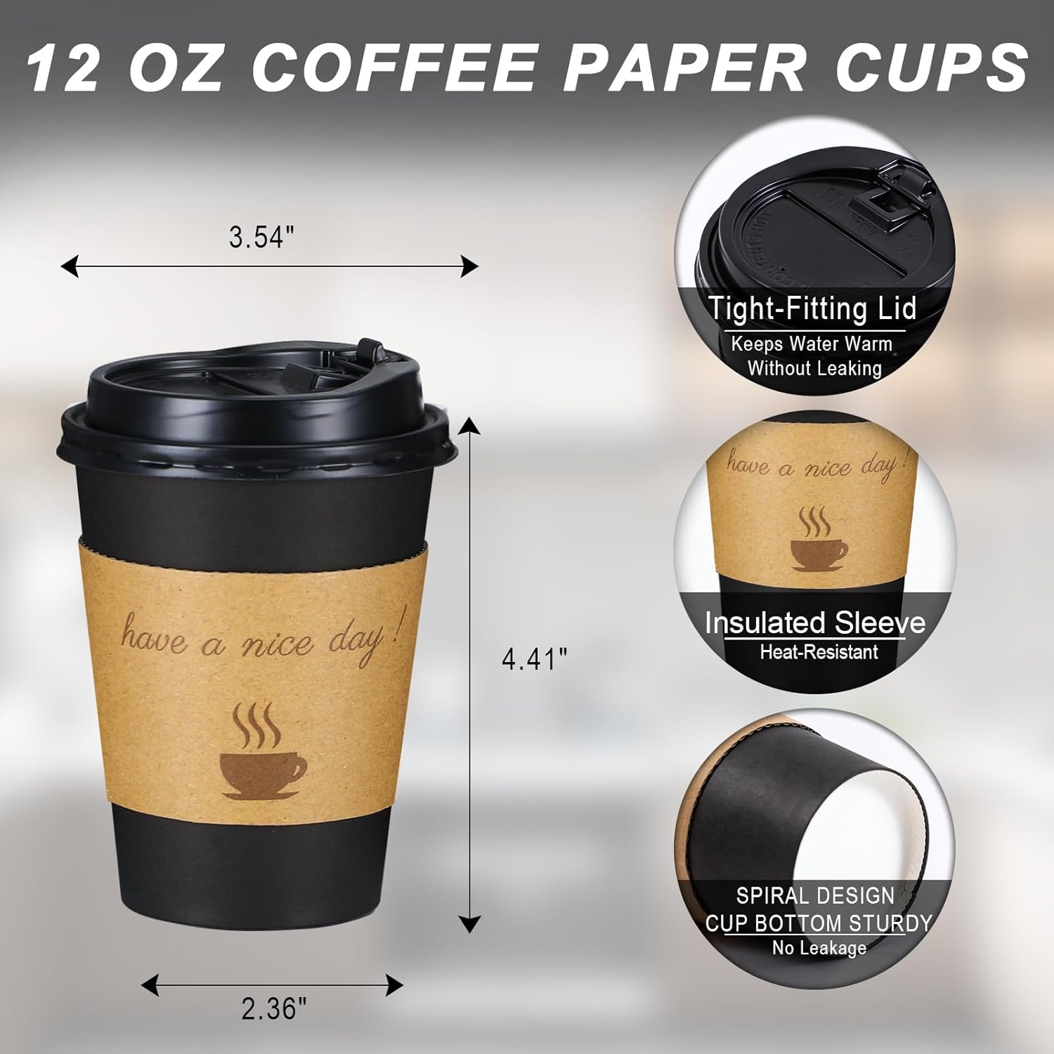 Lamosi Disposable Paper Cups with Lids 12/16 oz, To Go Hot Cups, Sleeve, Black 100 /500 Count Insulated