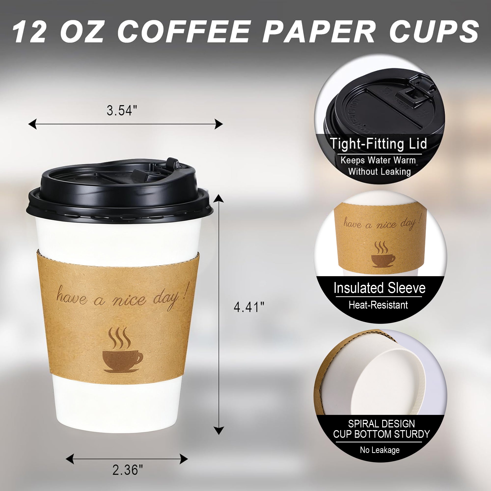 Lamosi 12/16oz Disposable Coffee Cups with Lids and Sleeves, Leak-free Insulated to Go Paper Hot Cups, 100 Count