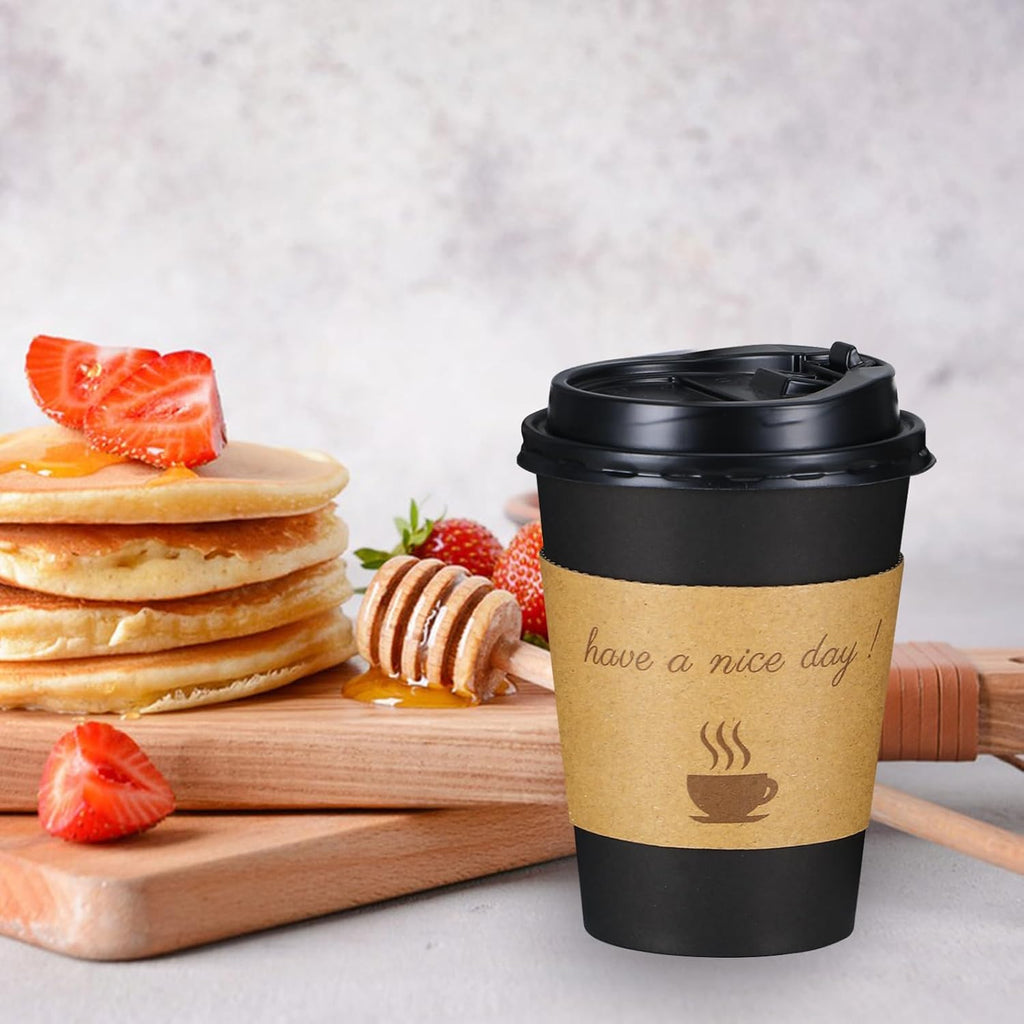 Lamosi Disposable Paper Cups with Lids 12/16 oz, To Go Hot Cups, Sleeve, Black 100 /500 Count Insulated