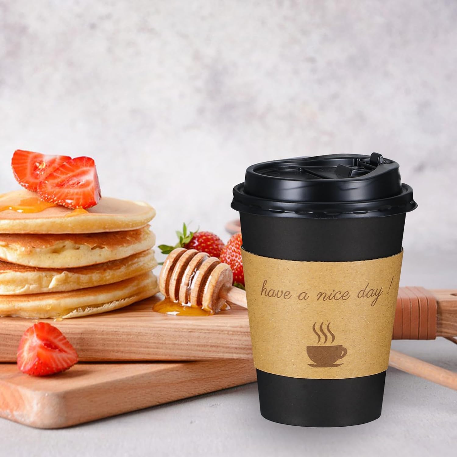Lamosi Disposable Paper Cups with Lids 12/16 oz, To Go Hot Cups, Sleeve, Black 100 /500 Count Insulated
