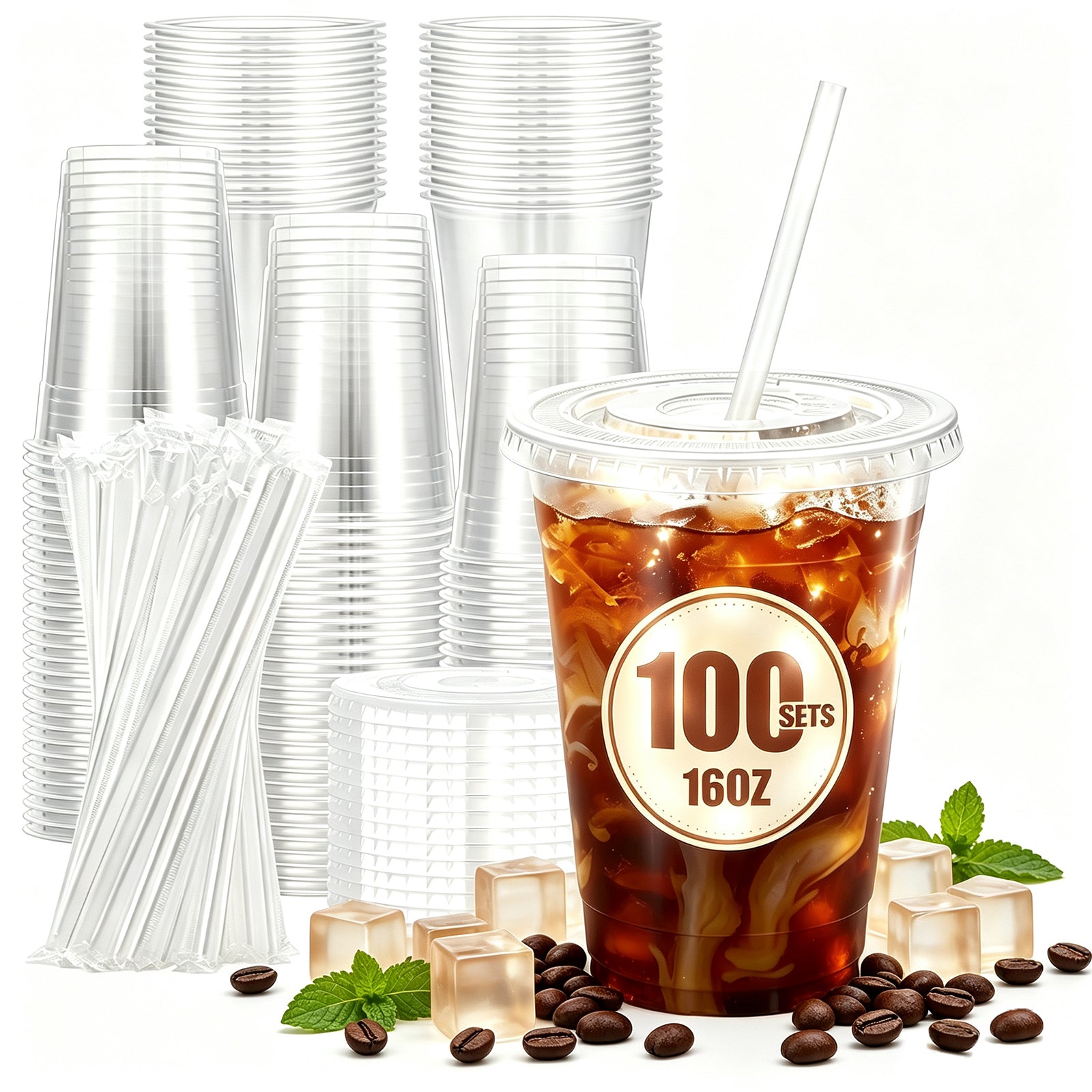 Lamosi 100 Pack 16 /20/24 oz Clear Plastic Cups with Lids and Straws, Disposable Plastic Coffee Cups with Lids for Iced Coffee, PET Food-Grade Material