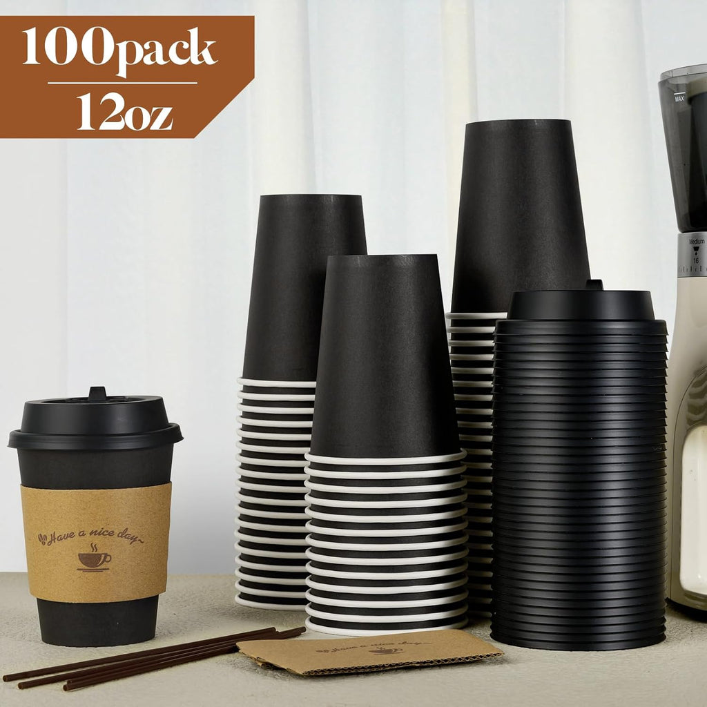 Lamosi Disposable Paper Cups with Lids 12/16 oz, To Go Hot Cups, Sleeve, Black 100 /500 Count Insulated