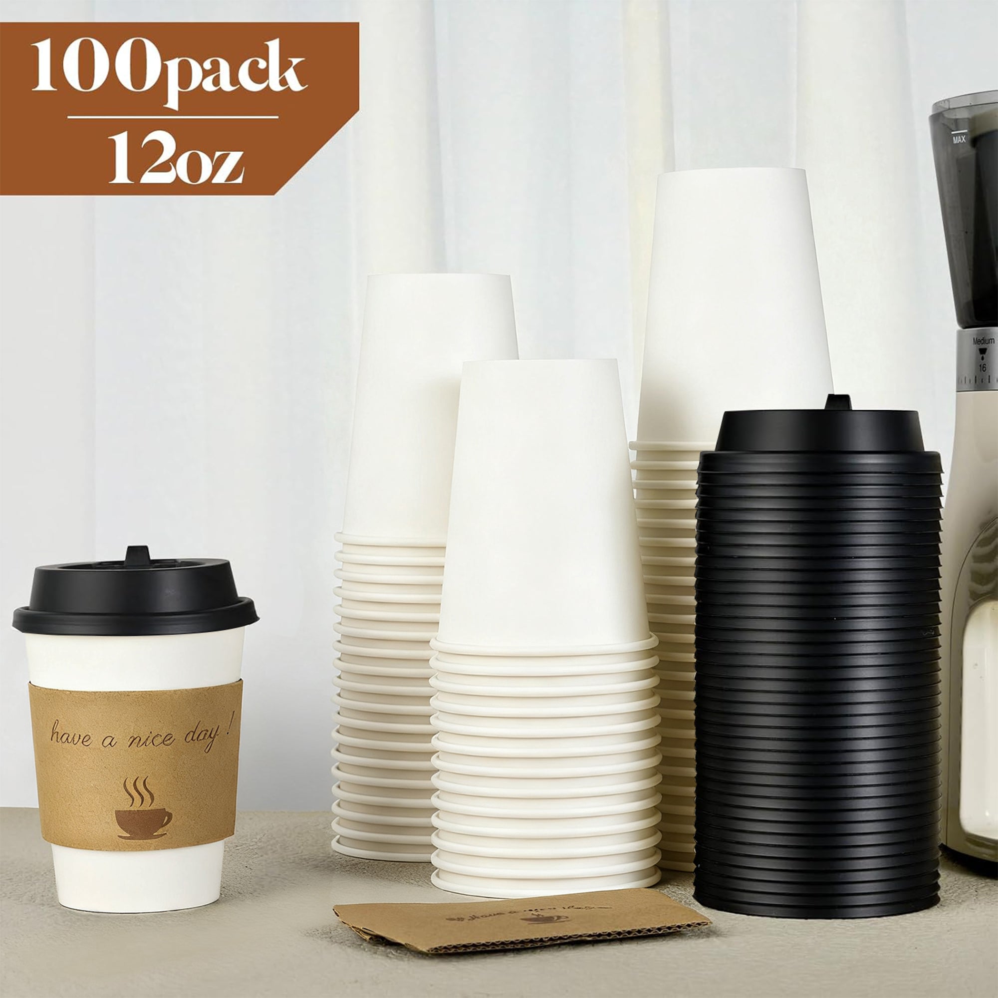 Lamosi 12/16oz Disposable Coffee Cups with Lids and Sleeves, Leak-free Insulated to Go Paper Hot Cups, 100 Count