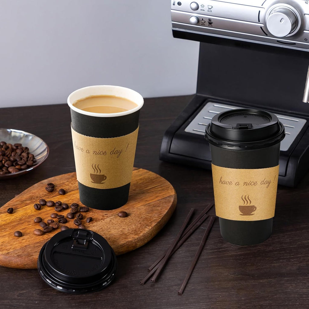 Lamosi Disposable Paper Cups with Lids 12/16 oz, To Go Hot Cups, Sleeve, Black 100 /500 Count Insulated
