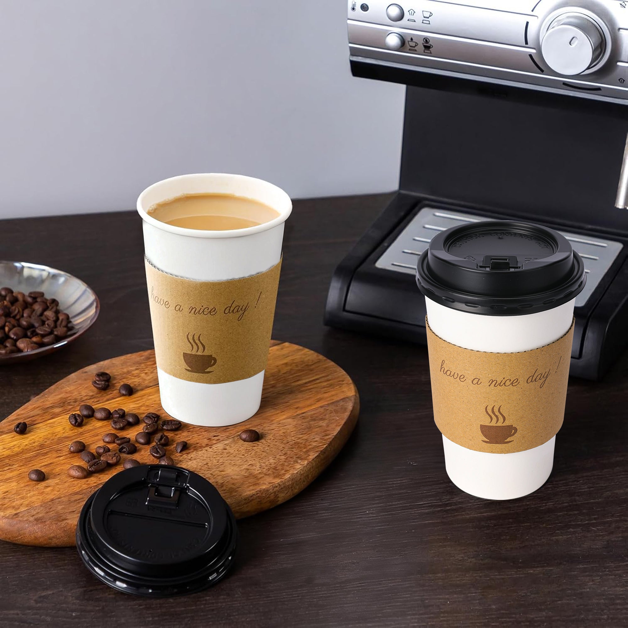 Lamosi 12/16oz Disposable Coffee Cups with Lids and Sleeves, Leak-free Insulated to Go Paper Hot Cups, 100 Count