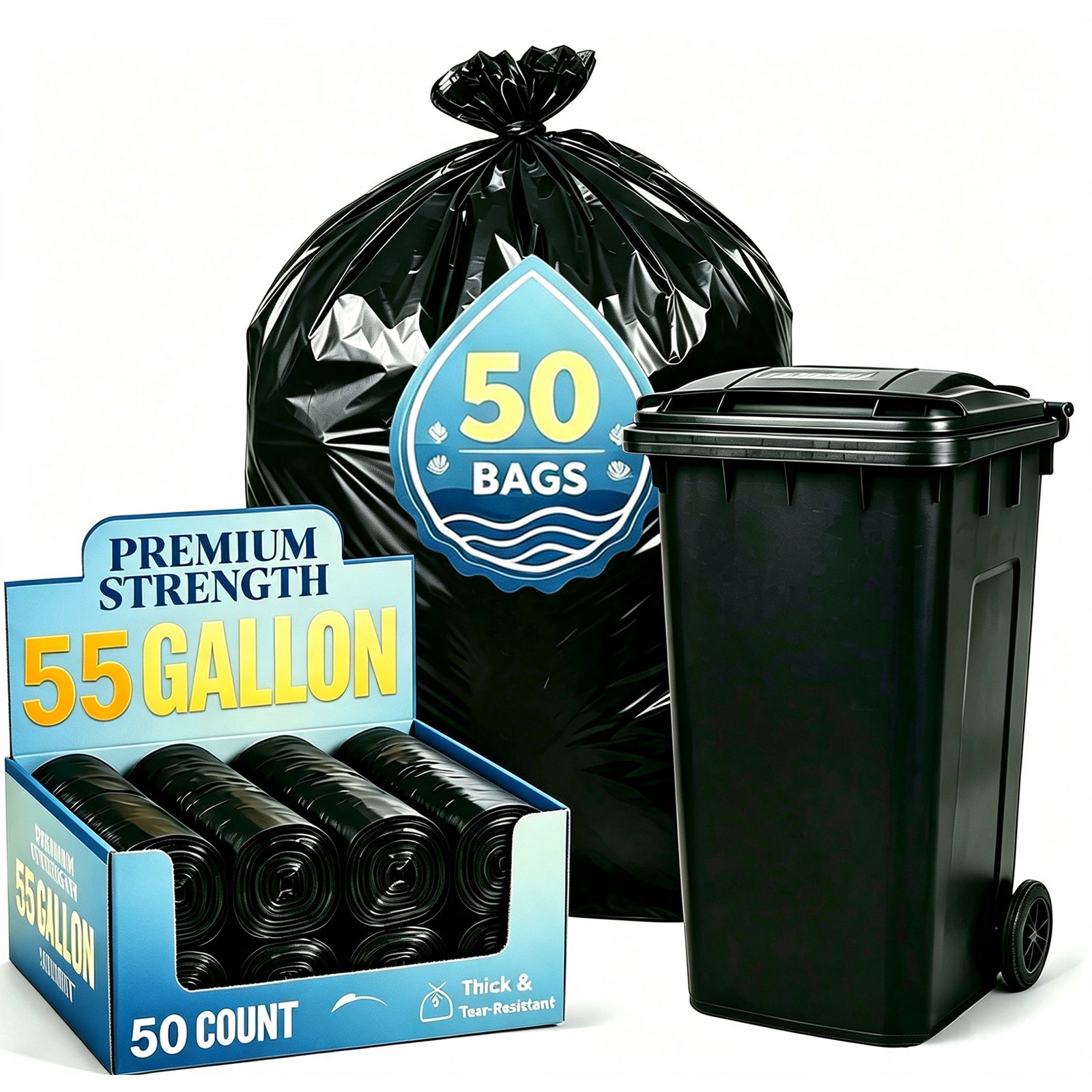 Lamosi 55 Gallon Trash Bags (50/100 Count), Black Outdoor Garbage Bags for Waste, Lawn and Leaf, 1.5 Mil