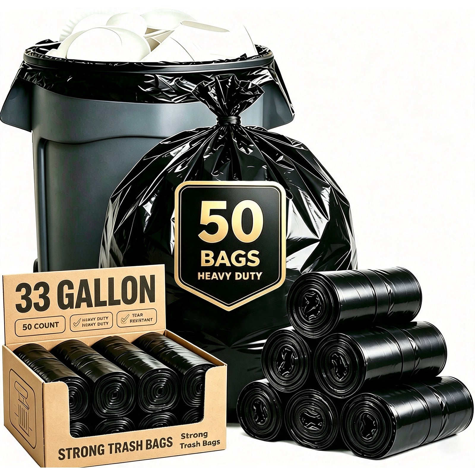 Lamosi 30-33 Gallon Trash Bags (50/100 Count), 32" x 39" Black Garbage Bags, Outdoor Garbage Can Liners