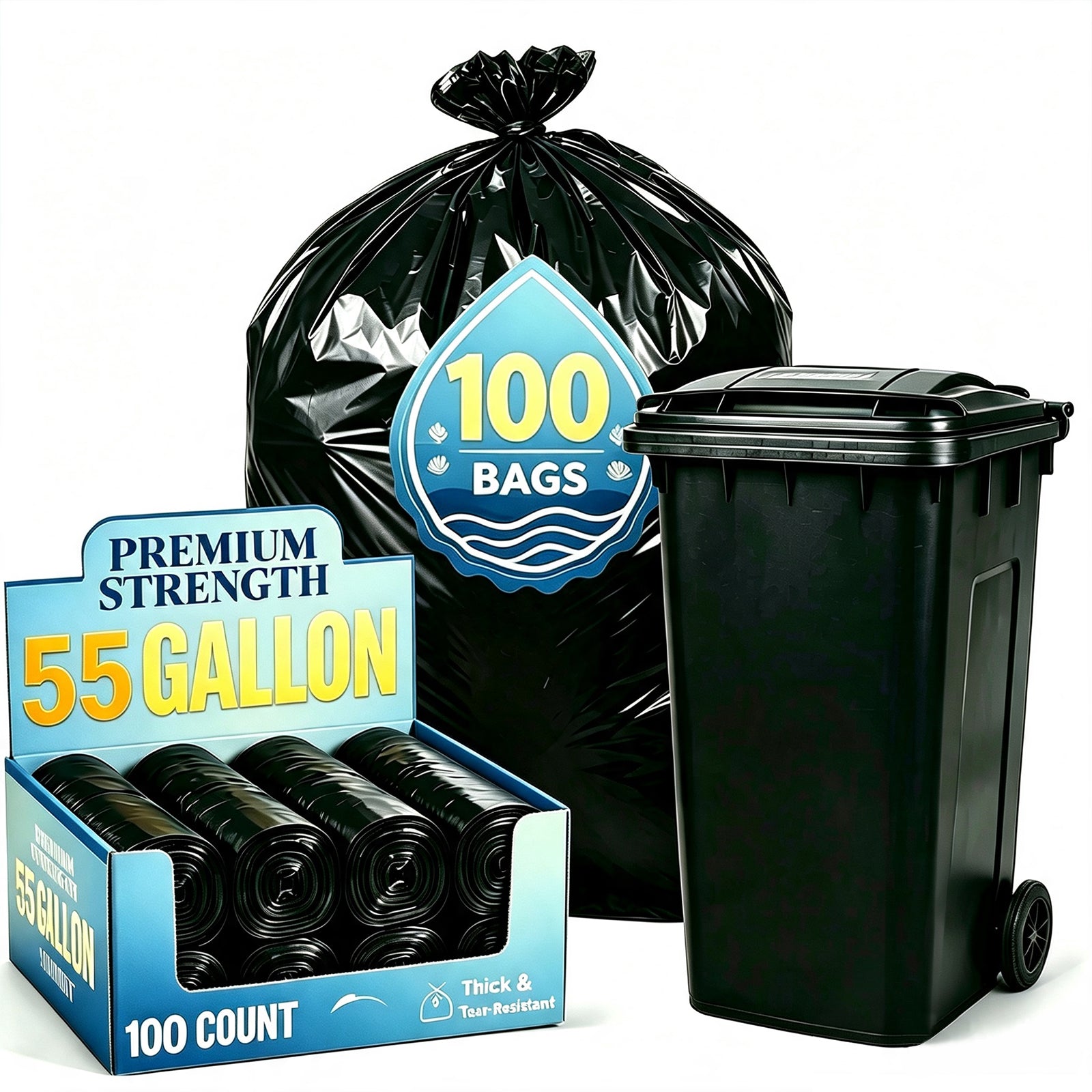 Lamosi 55 Gallon Trash Bags (50/100 Count), Black Outdoor Garbage Bags for Waste, Lawn and Leaf, 1.5 Mil