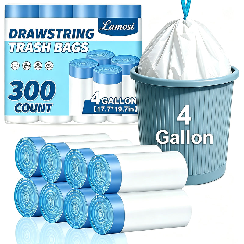 Lamosi 4 Gallon Drawstring Trash Bags 300 Count, Small Garbage Bags for Bathroom, Office, Bedroom & Kitchen