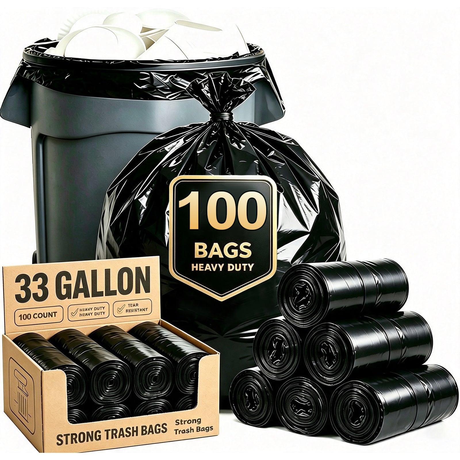 Lamosi 30-33 Gallon Trash Bags (50/100 Count), 32" x 39" Black Garbage Bags, Outdoor Garbage Can Liners