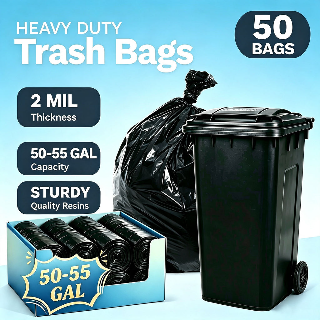 Lamosi 55 Gallon Trash Bags (50/100 Count), Black Outdoor Garbage Bags for Waste, Lawn and Leaf, 1.5 Mil