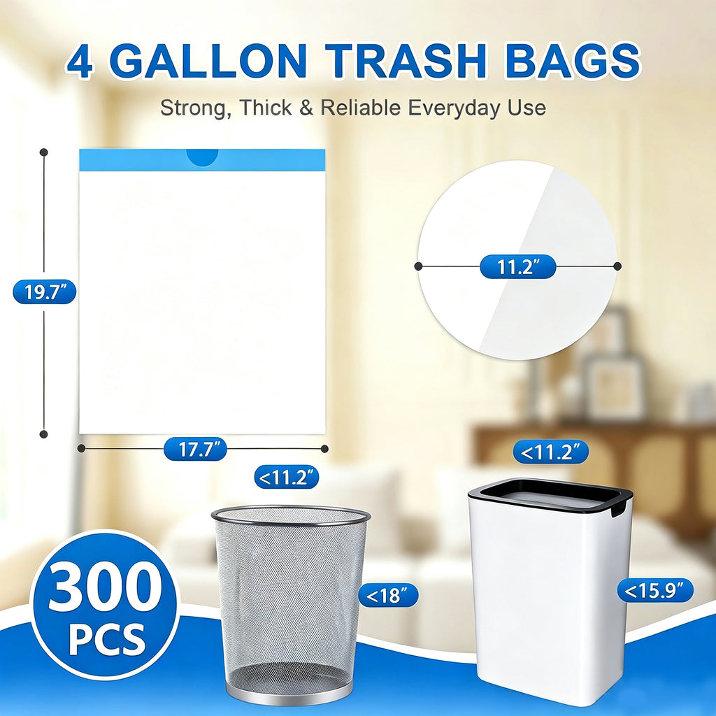 Lamosi 4 Gallon Drawstring Trash Bags 300 Count, Small Garbage Bags for Bathroom, Office, Bedroom & Kitchen