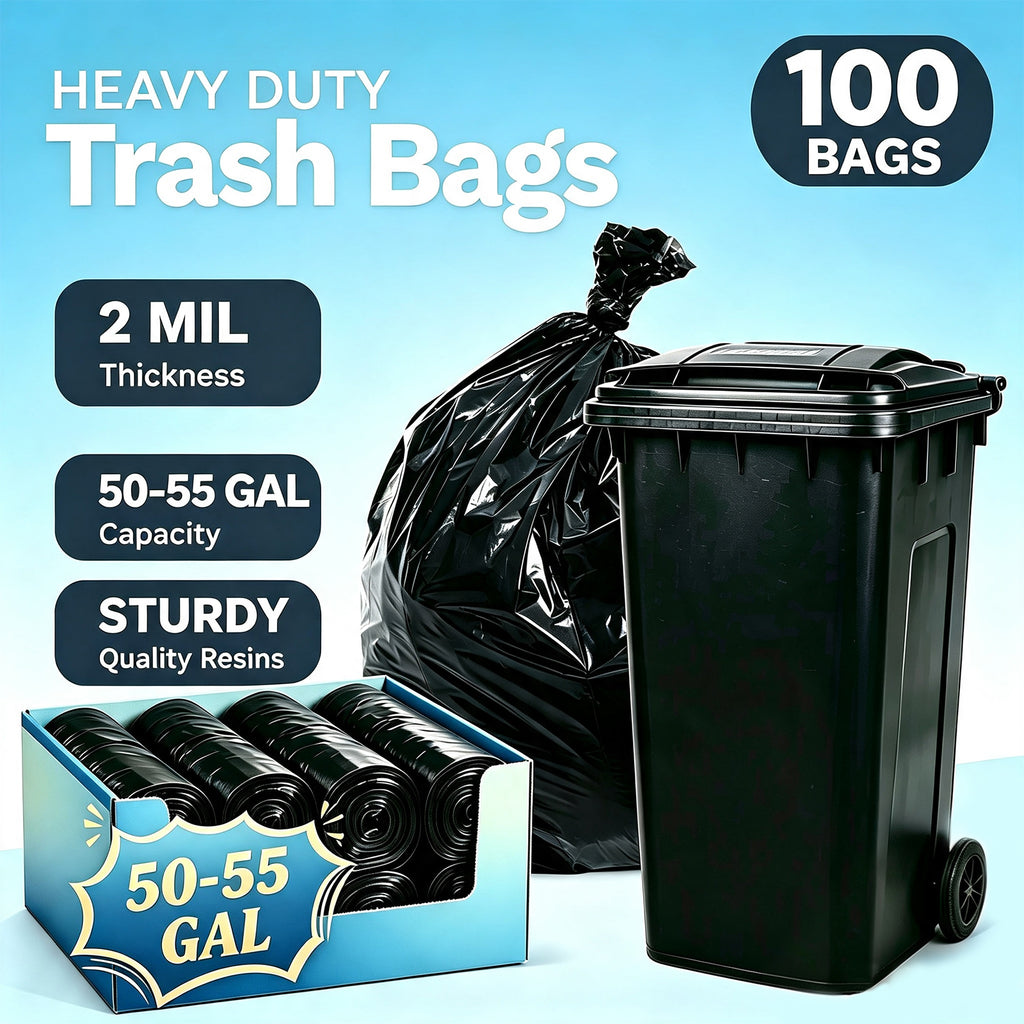 Lamosi 55 Gallon Trash Bags (50/100 Count), Black Outdoor Garbage Bags for Waste, Lawn and Leaf, 1.5 Mil
