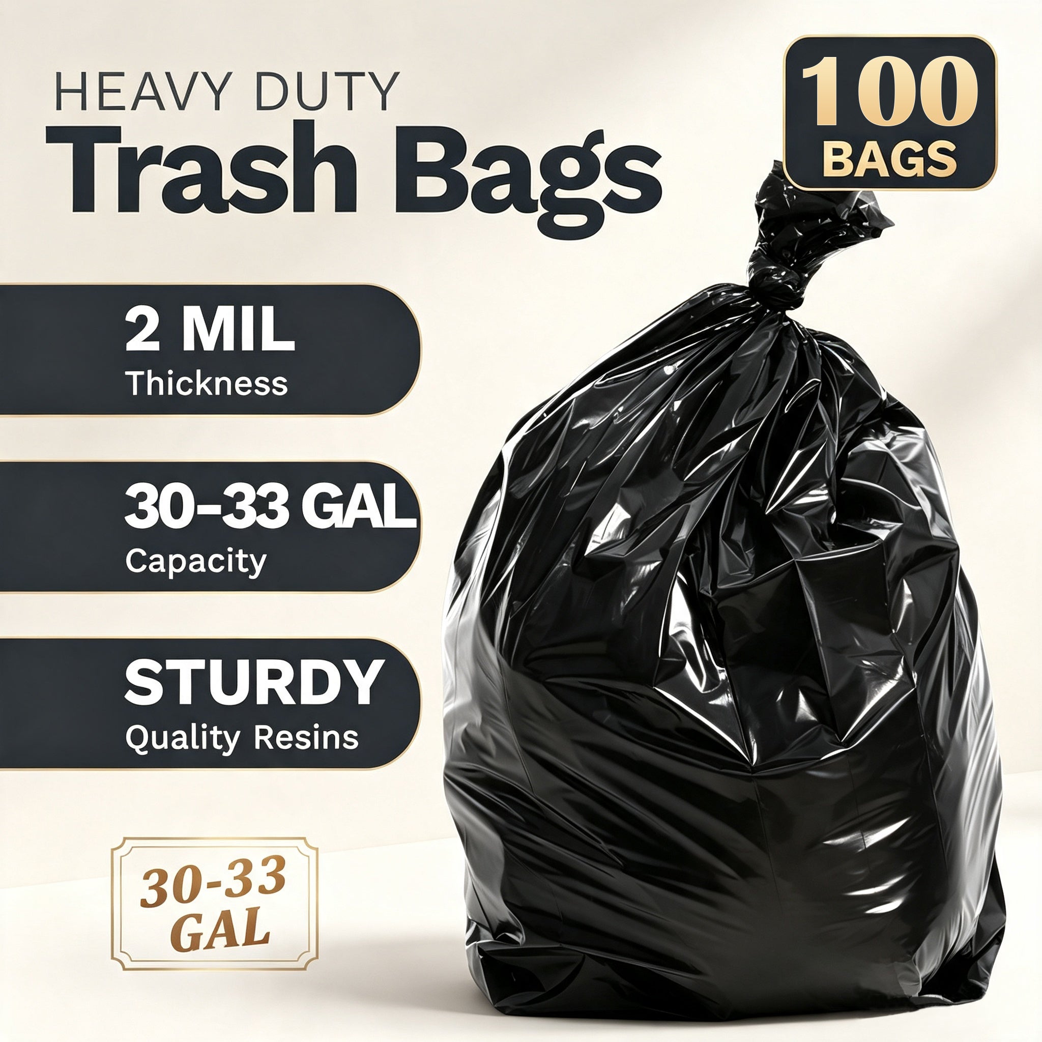 Lamosi 30-33 Gallon Trash Bags (50/100 Count), 32" x 39" Black Garbage Bags, Outdoor Garbage Can Liners