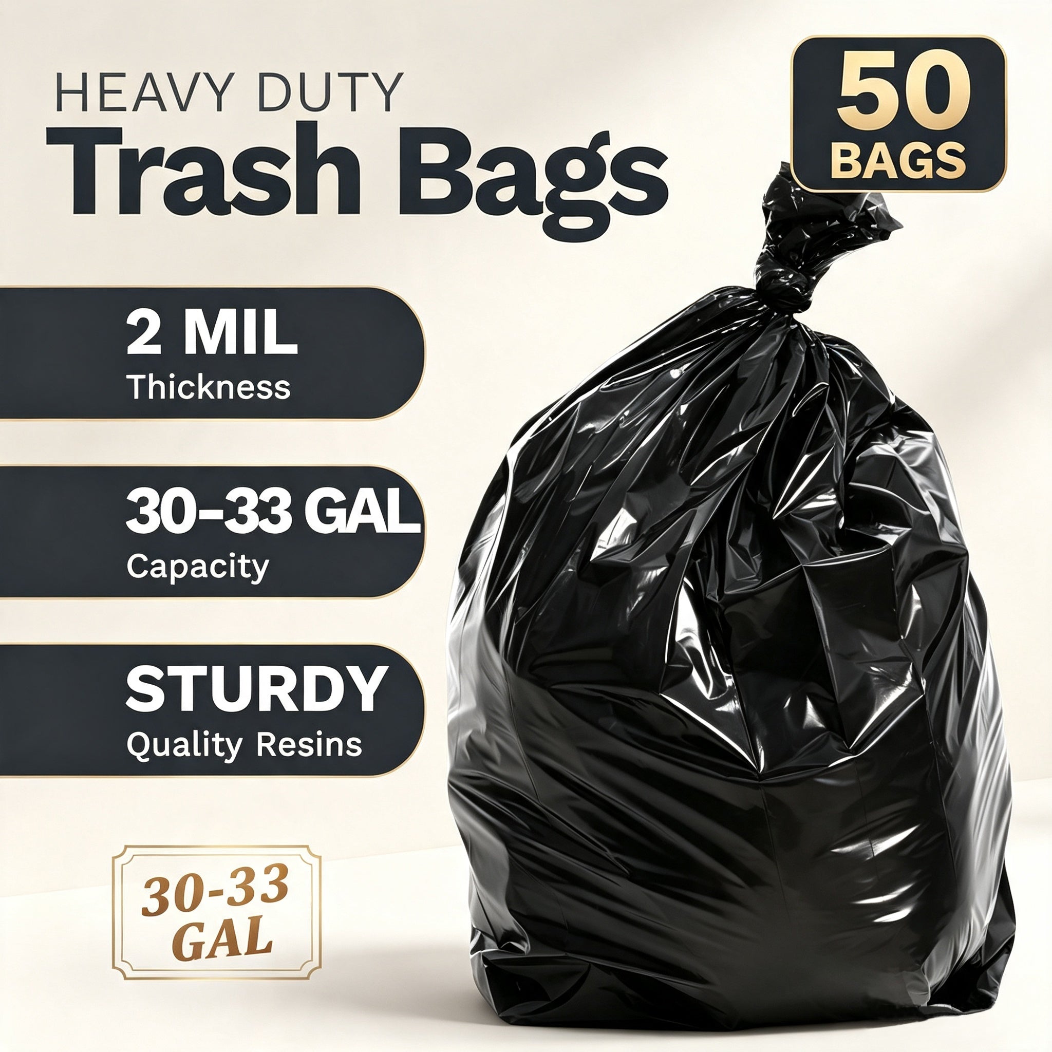 Lamosi 30-33 Gallon Trash Bags (50/100 Count), 32" x 39" Black Garbage Bags, Outdoor Garbage Can Liners