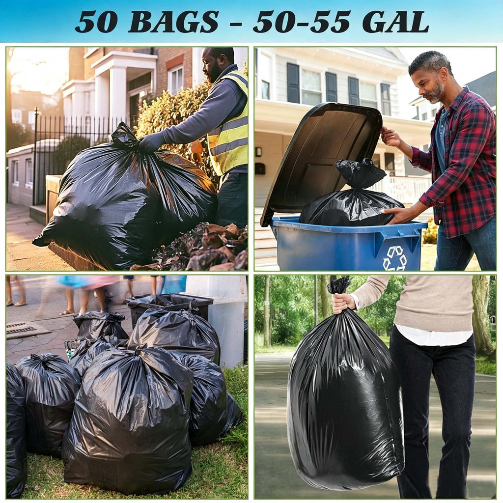 Lamosi 55 Gallon Trash Bags (50/100 Count), Black Outdoor Garbage Bags for Waste, Lawn and Leaf, 1.5 Mil