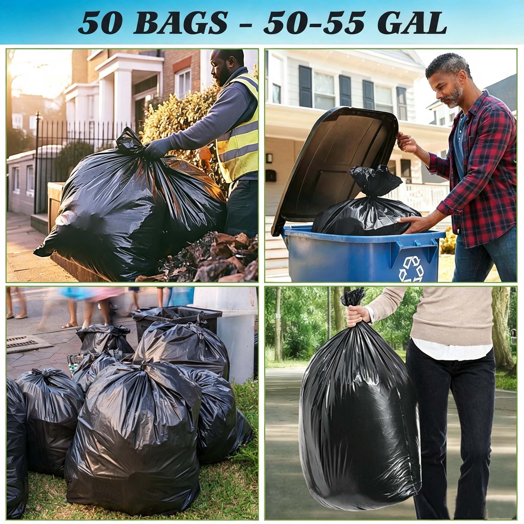Lamosi 55 Gallon Trash Bags (50/100 Count), Black Outdoor Garbage Bags for Waste, Lawn and Leaf, 1.5 Mil