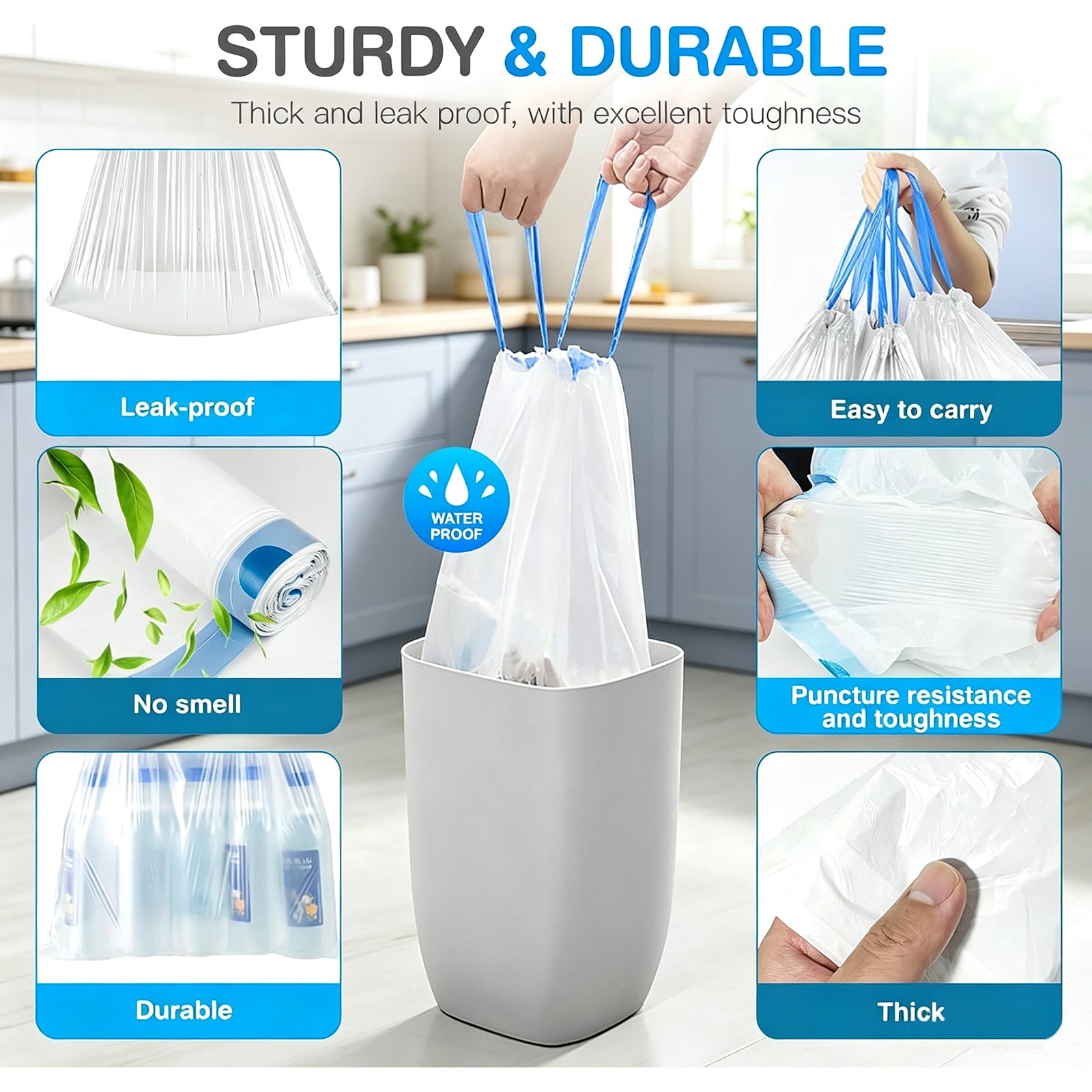 Lamosi 4 Gallon Drawstring Trash Bags 300 Count, Small Garbage Bags for Bathroom, Office, Bedroom & Kitchen