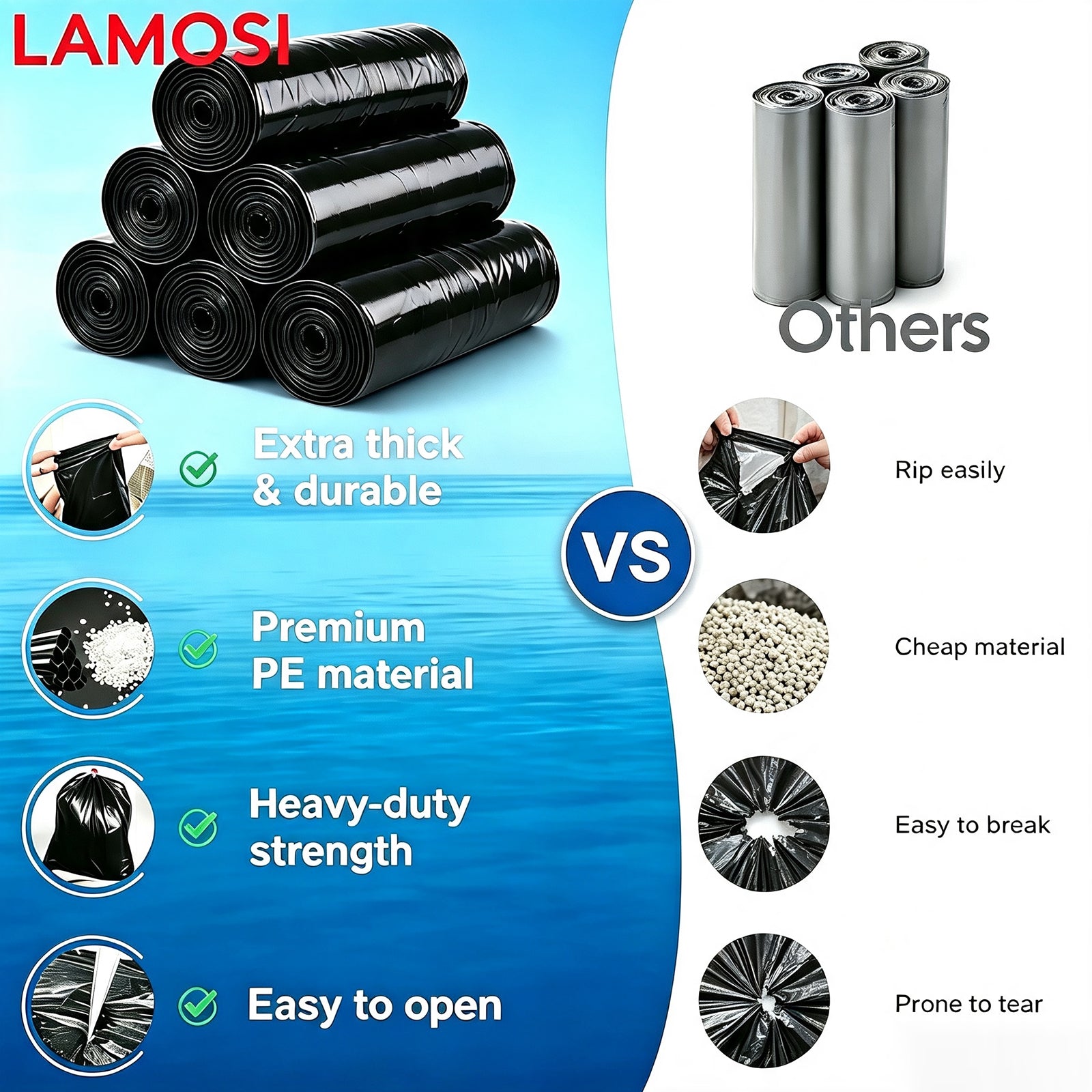 Lamosi 55 Gallon Trash Bags (50/100 Count), Black Outdoor Garbage Bags for Waste, Lawn and Leaf, 1.5 Mil