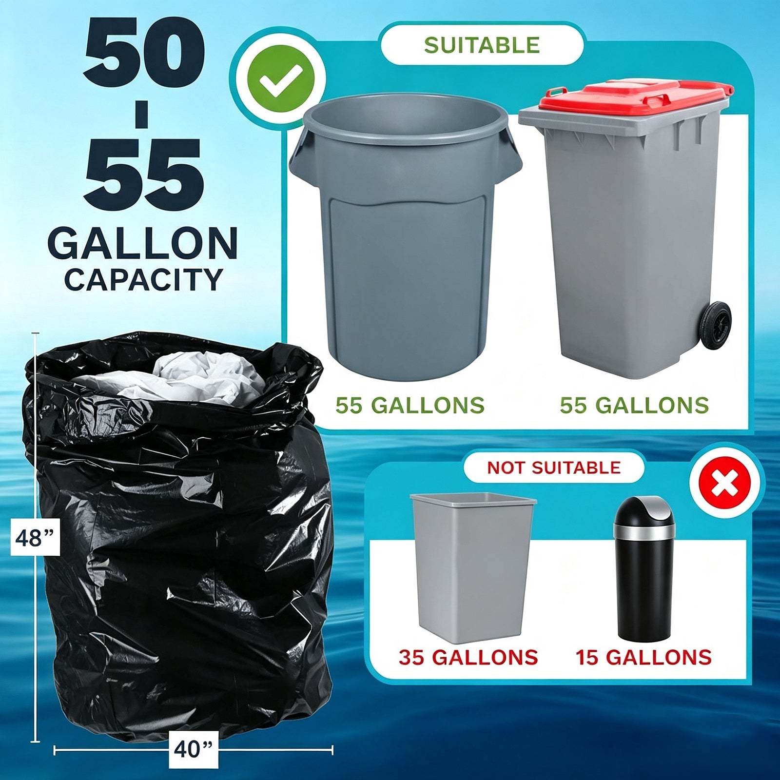 Lamosi 55 Gallon Trash Bags (50/100 Count), Black Outdoor Garbage Bags for Waste, Lawn and Leaf, 1.5 Mil