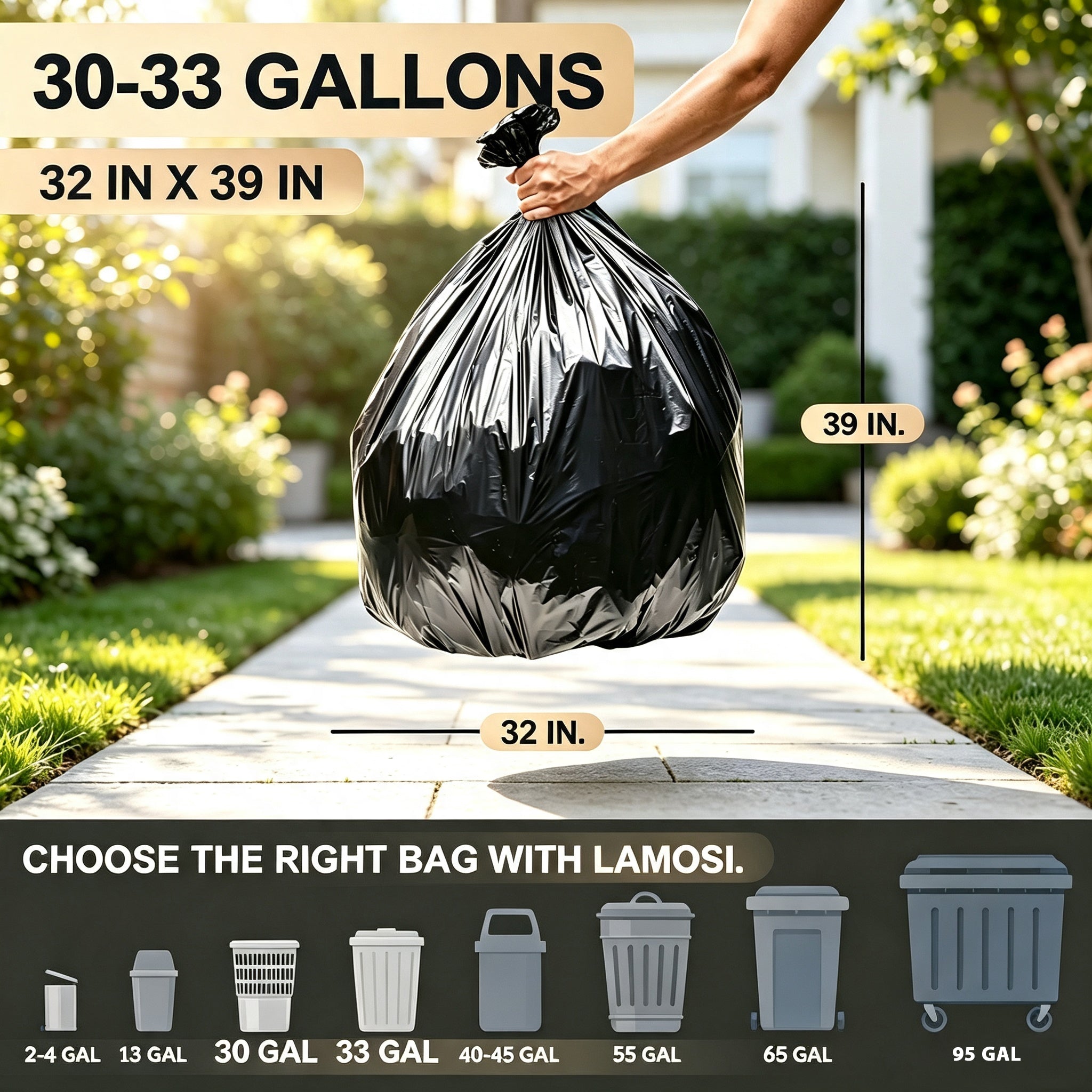 Lamosi 30-33 Gallon Trash Bags (50/100 Count), 32" x 39" Black Garbage Bags, Outdoor Garbage Can Liners