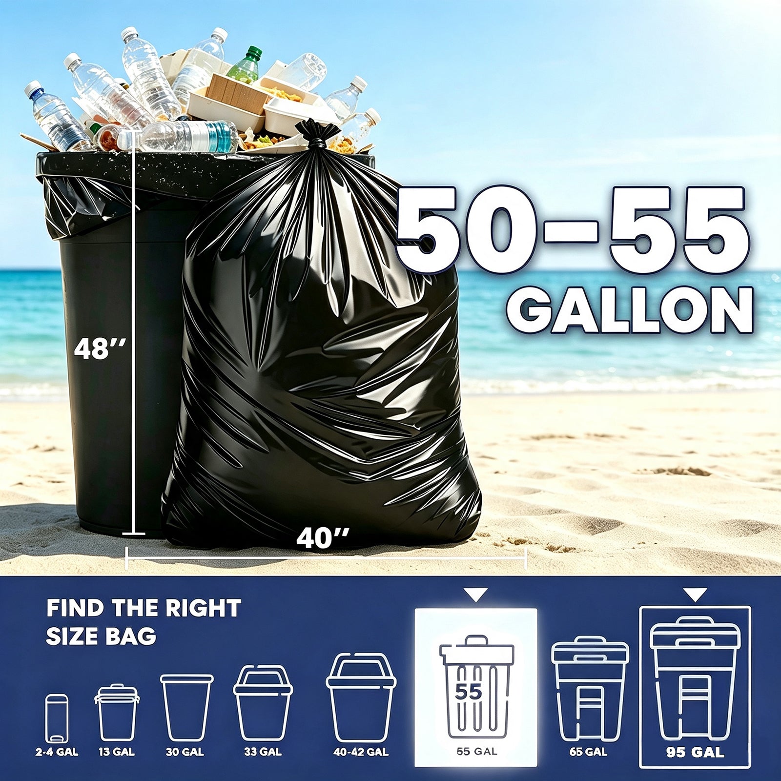 Lamosi 55 Gallon Trash Bags (50/100 Count), Black Outdoor Garbage Bags for Waste, Lawn and Leaf, 1.5 Mil