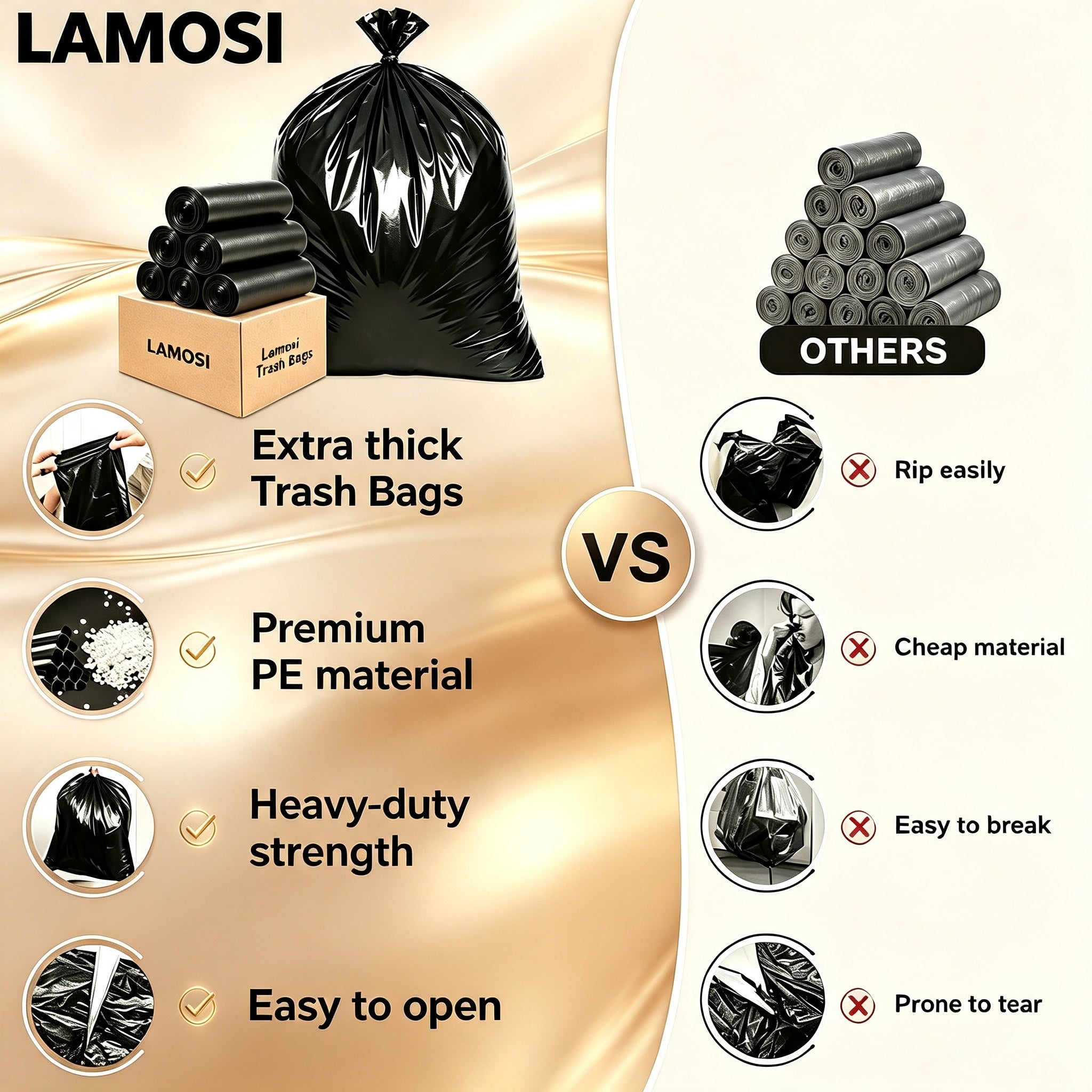Lamosi 30-33 Gallon Trash Bags (50/100 Count), 32" x 39" Black Garbage Bags, Outdoor Garbage Can Liners