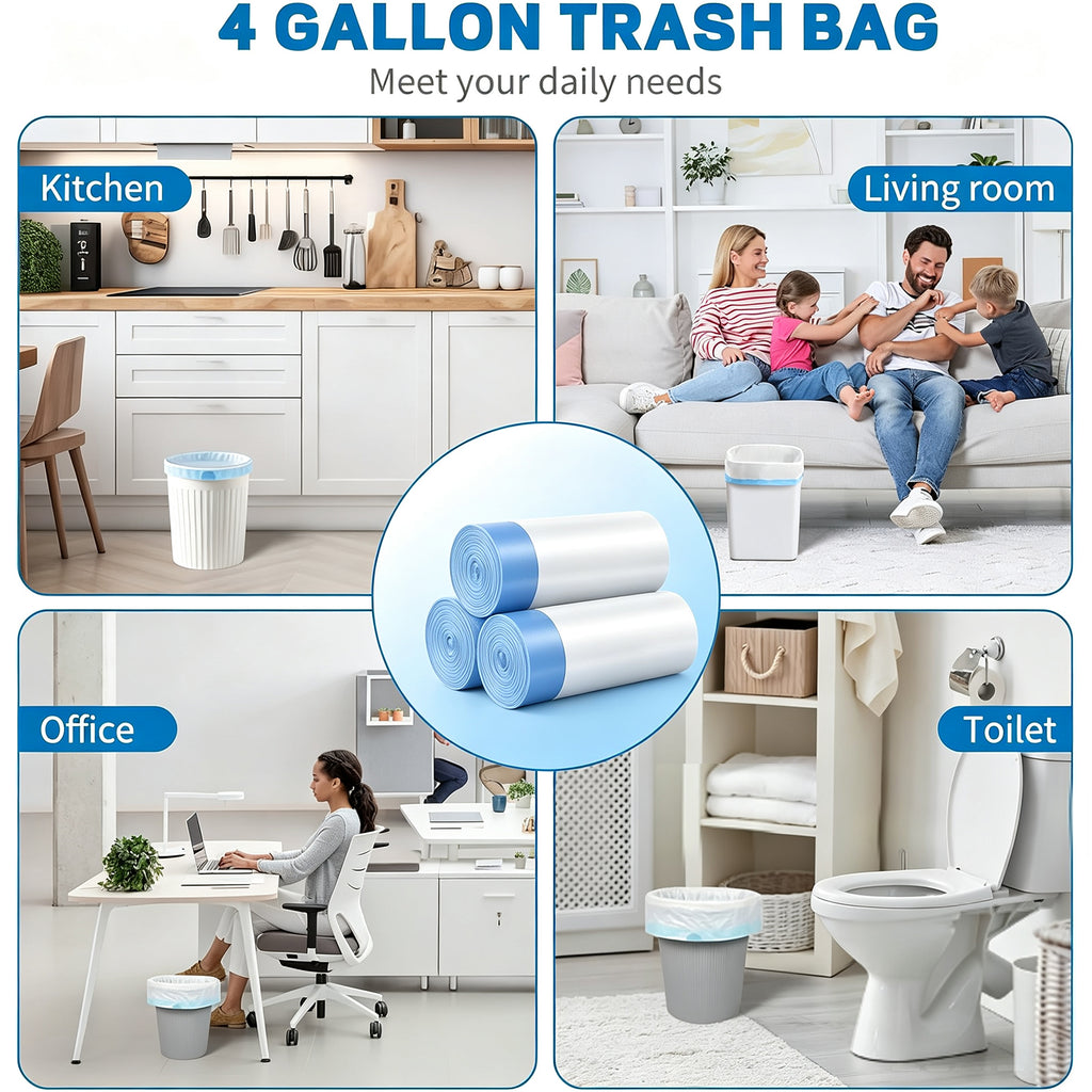 Lamosi 4 Gallon Drawstring Trash Bags 300 Count, Small Garbage Bags for Bathroom, Office, Bedroom & Kitchen