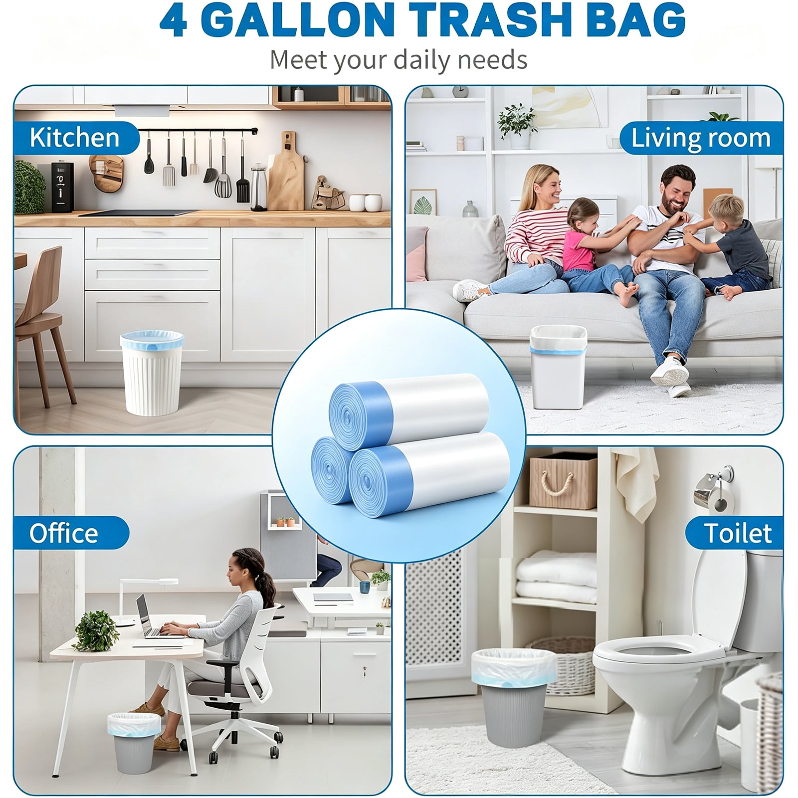 Lamosi 4 Gallon Drawstring Trash Bags 300 Count, Small Garbage Bags for Bathroom, Office, Bedroom & Kitchen
