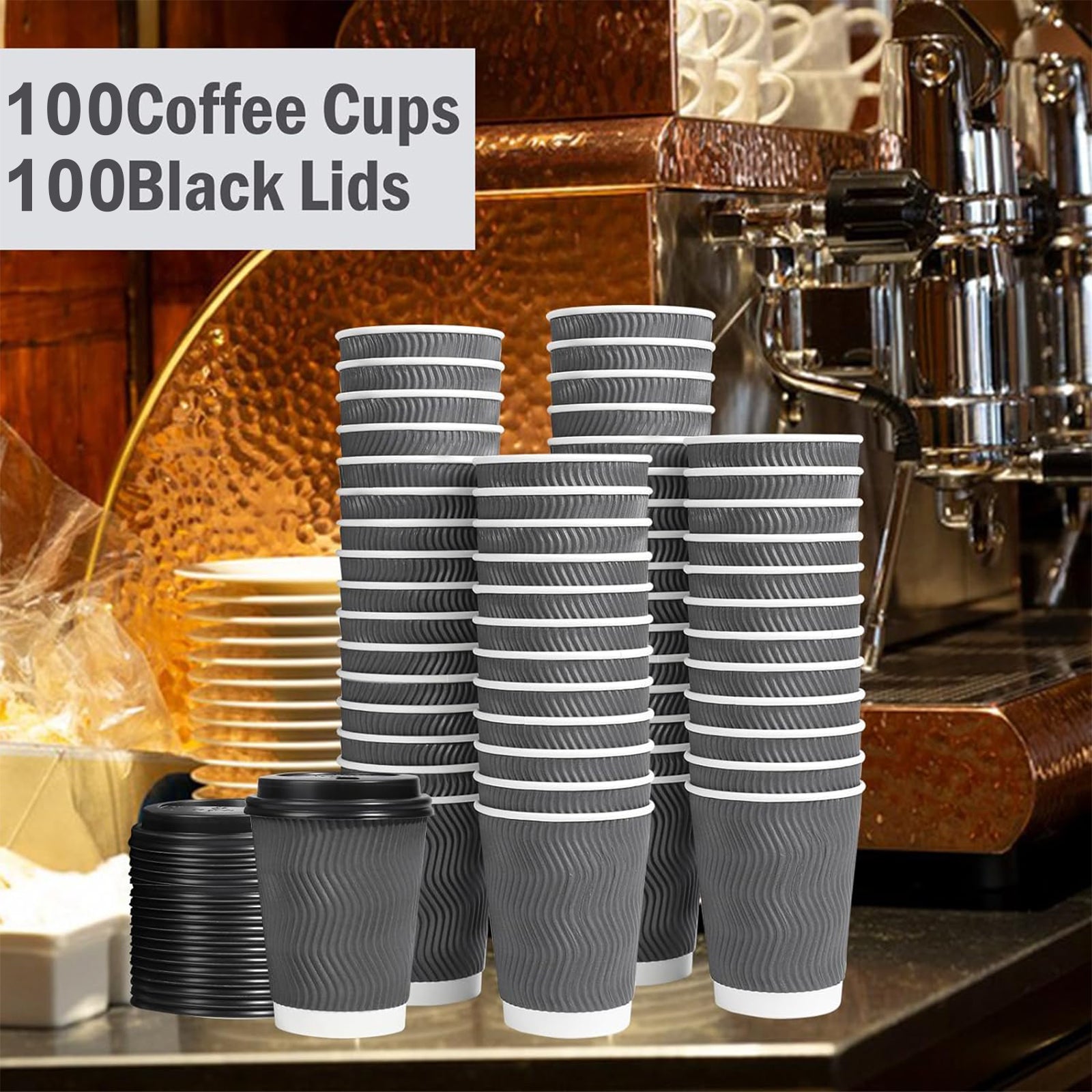 Lamosi 12 oz Paper Cups with Lids,Disposable Insulated to Go Cups,Ripple Double Wall,Grey 100 Count