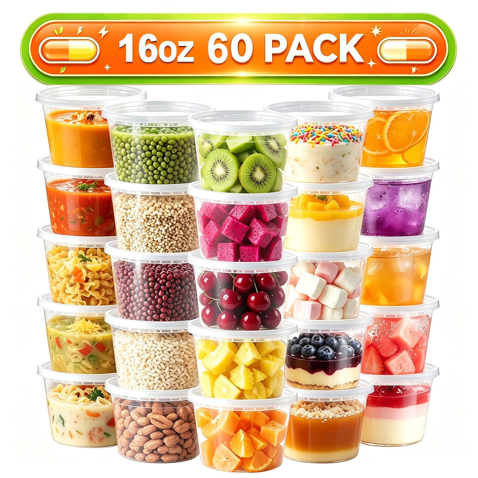 Lamosi 60 Sets 8/16/24/32 oz Plastic Deli Food Containers With Lids, Leak-Proof & BPA Free Airtight Stackable Takeout Plastic Food Storage Containers