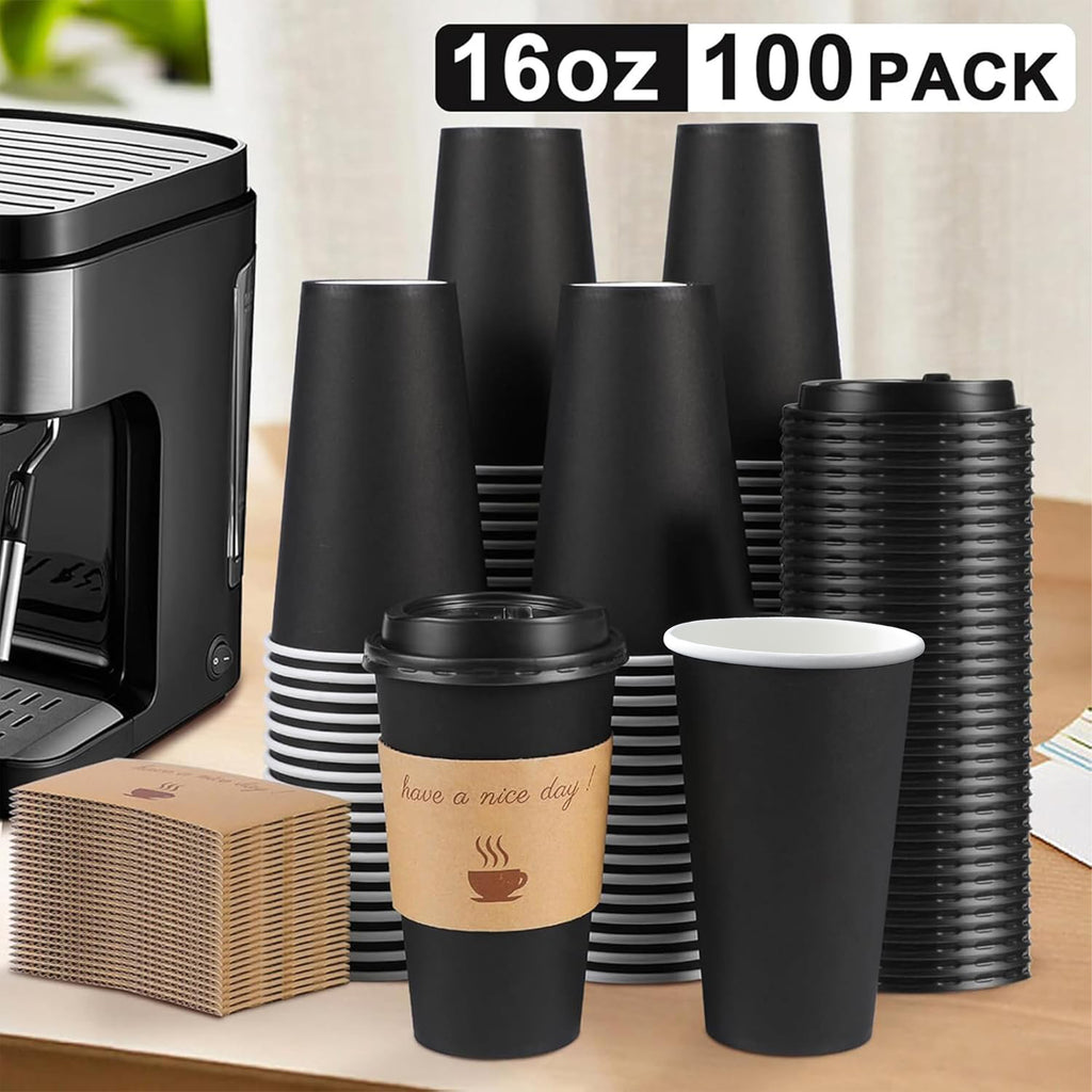 Lamosi Disposable Paper Cups with Lids 12/16 oz, To Go Hot Cups, Sleeve, Black 100 /500 Count Insulated