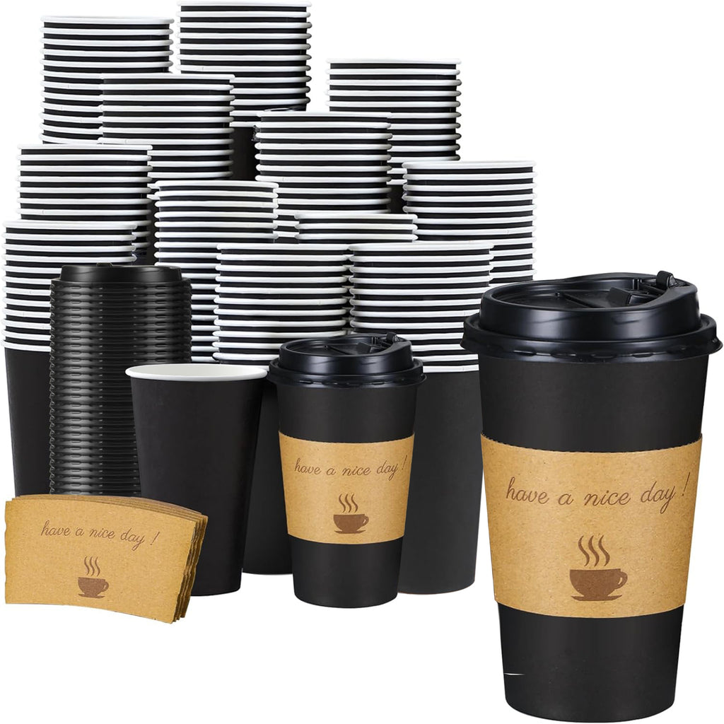 Lamosi Disposable Paper Cups with Lids 12/16 oz, To Go Hot Cups, Sleeve, Black 100 /500 Count Insulated