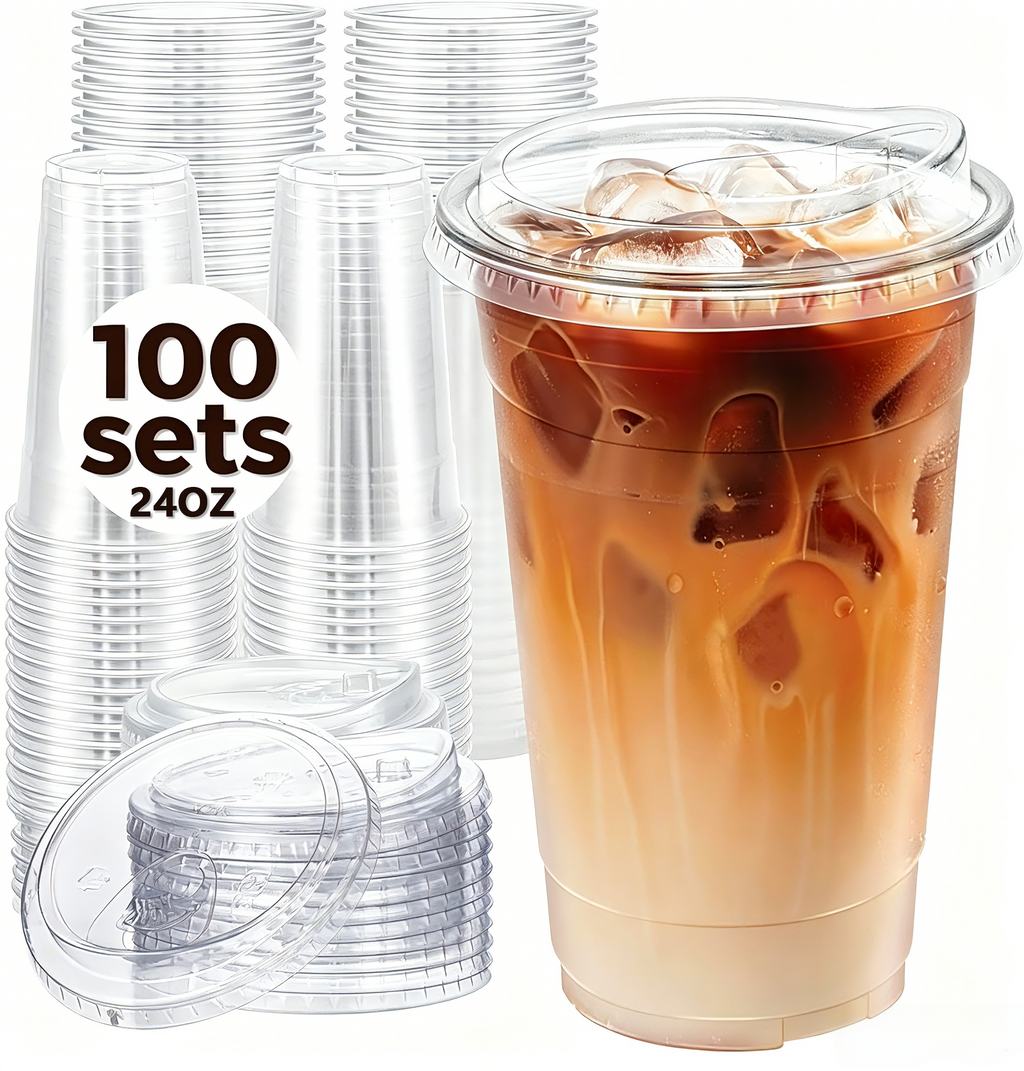 Lamosi 16/20/24oz Plastic Cups with Lids Disposable Clear Smooth Cups, 100 Count