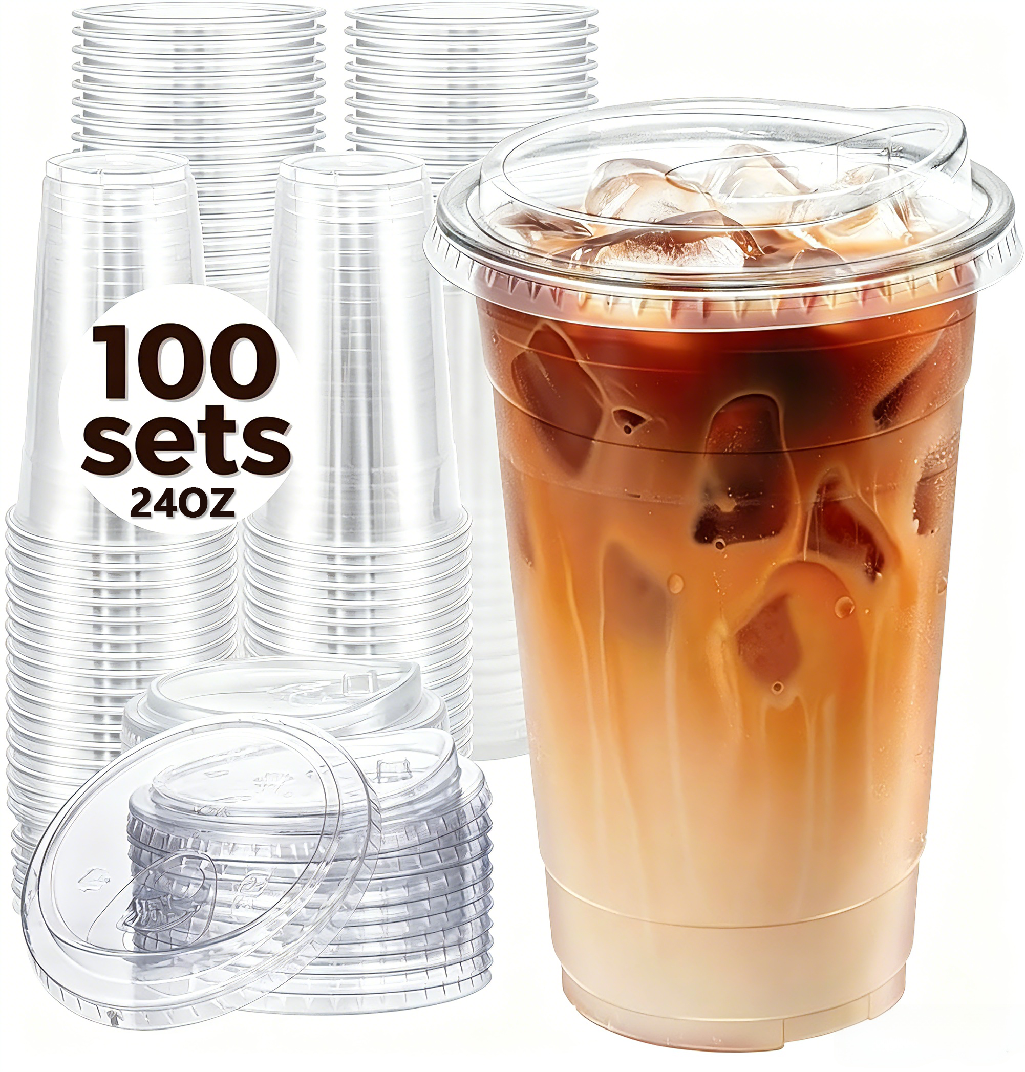 Lamosi 16/20/24oz Plastic Cups with Lids Disposable Clear Smooth Cups, 100 Count