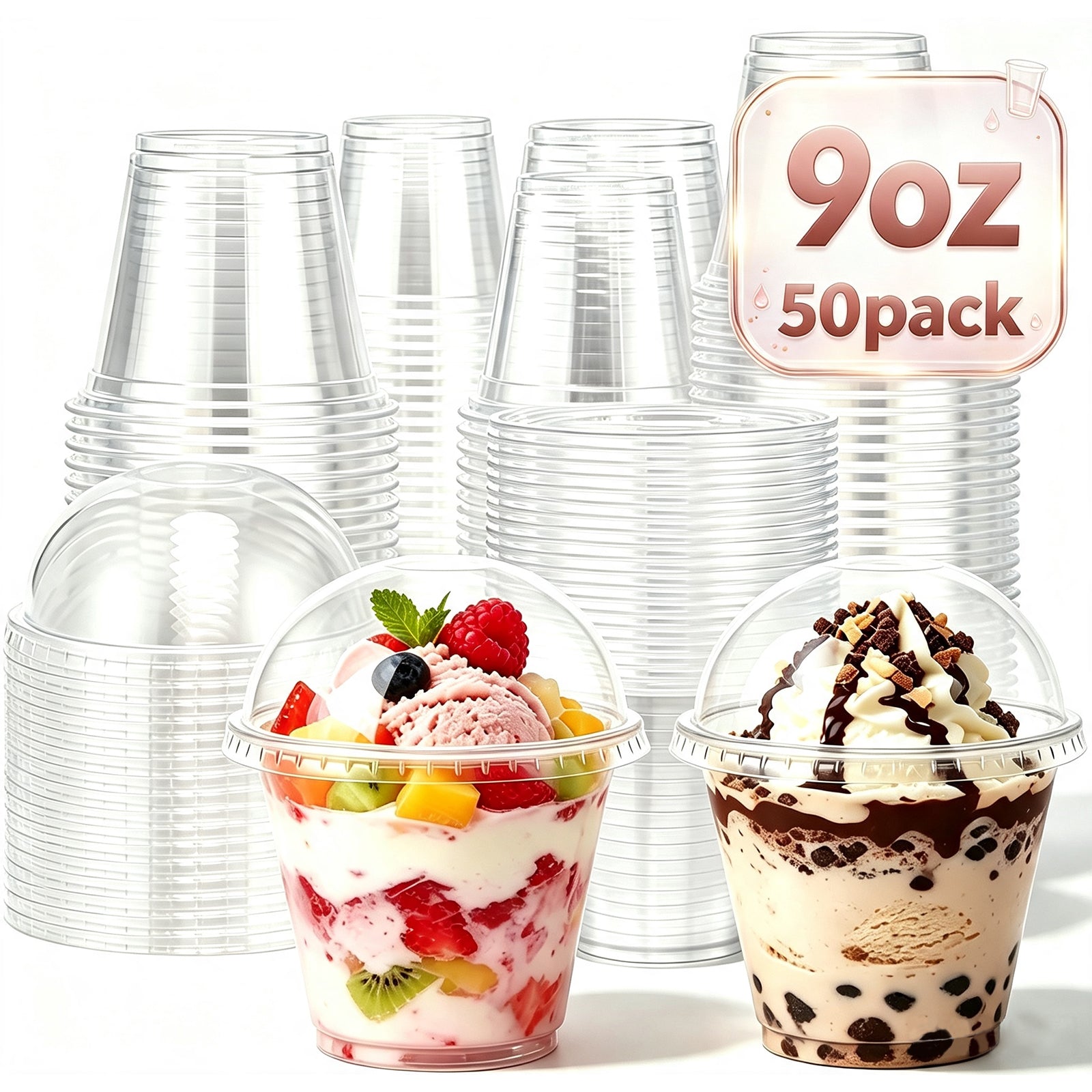 Lamosi 50/200 Pack 9oz Clear Plastic Cups with Dome Lids, Disposable Dessert Cups with Lids, Dessert Cups for Pudding