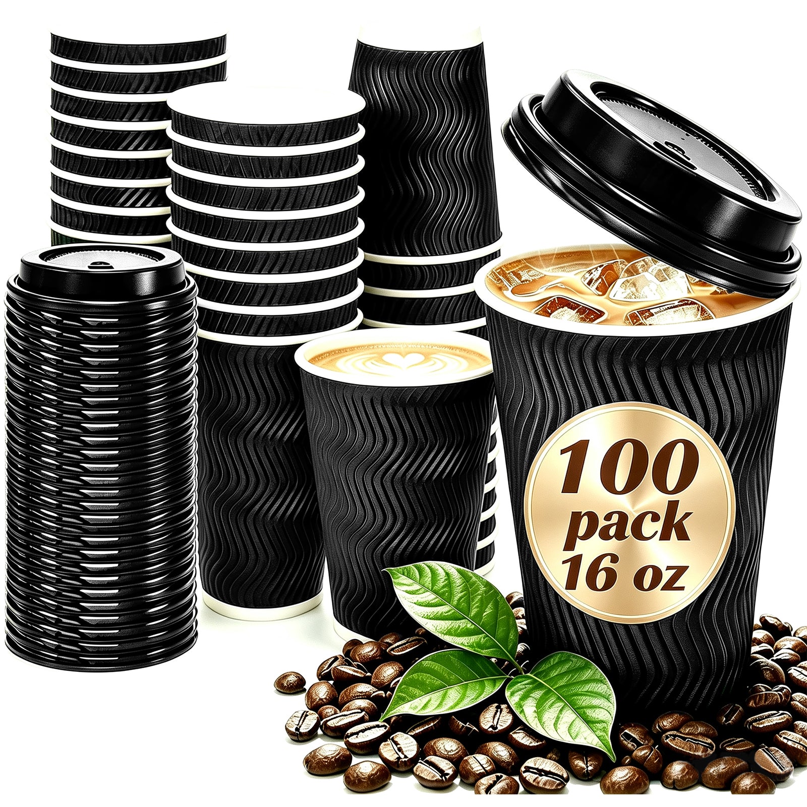 Lamosi Disposable Paper Cups with Lids 16 oz,Insulated to Go Cup,Ripple Double Wall,Brown 100 Count