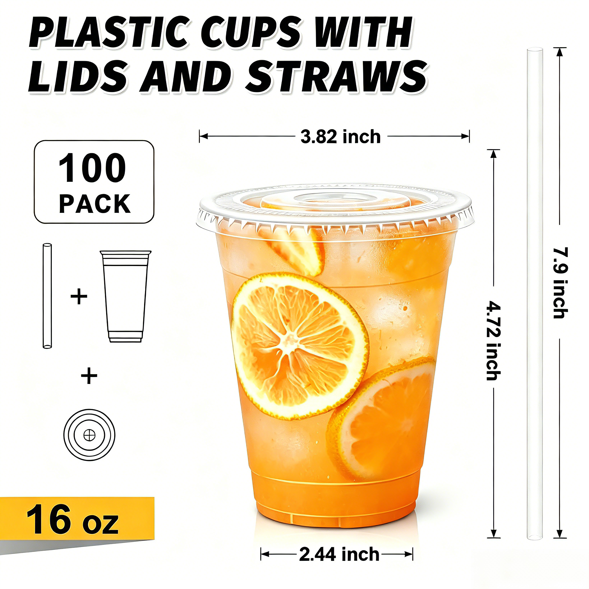 Lamosi 100 Pack 16 /20/24 oz Clear Plastic Cups with Lids and Straws, Disposable Plastic Coffee Cups with Lids for Iced Coffee, PET Food-Grade Material