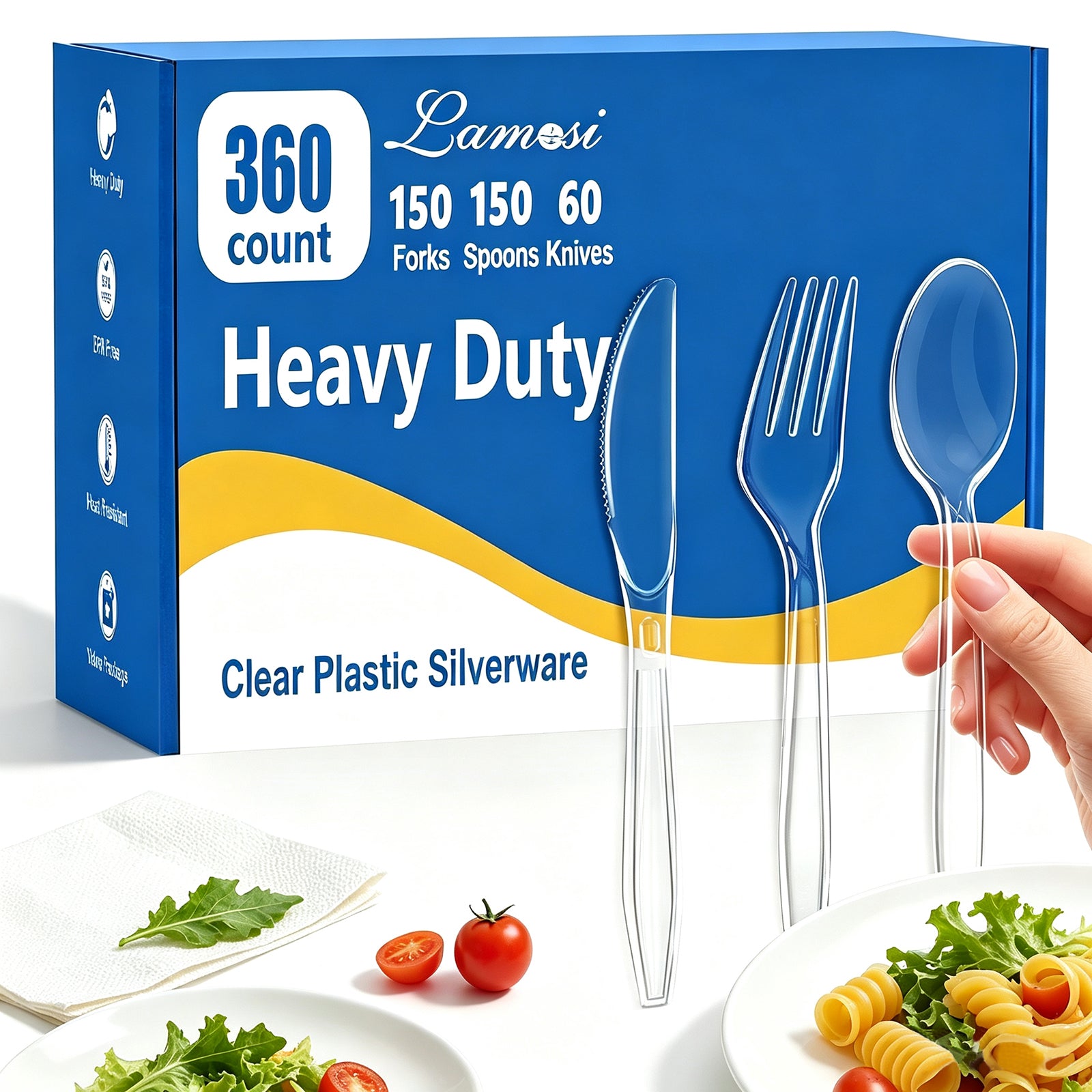 Lamosi 360 Count Extra Heavy Duty Plastic Silverware, Disposable Clear Plastic Utensils Set 150 Forks, 150 Spoons, 60 Knives , BPA-Free, Heat Resistant, Plastic Cutlery Set
