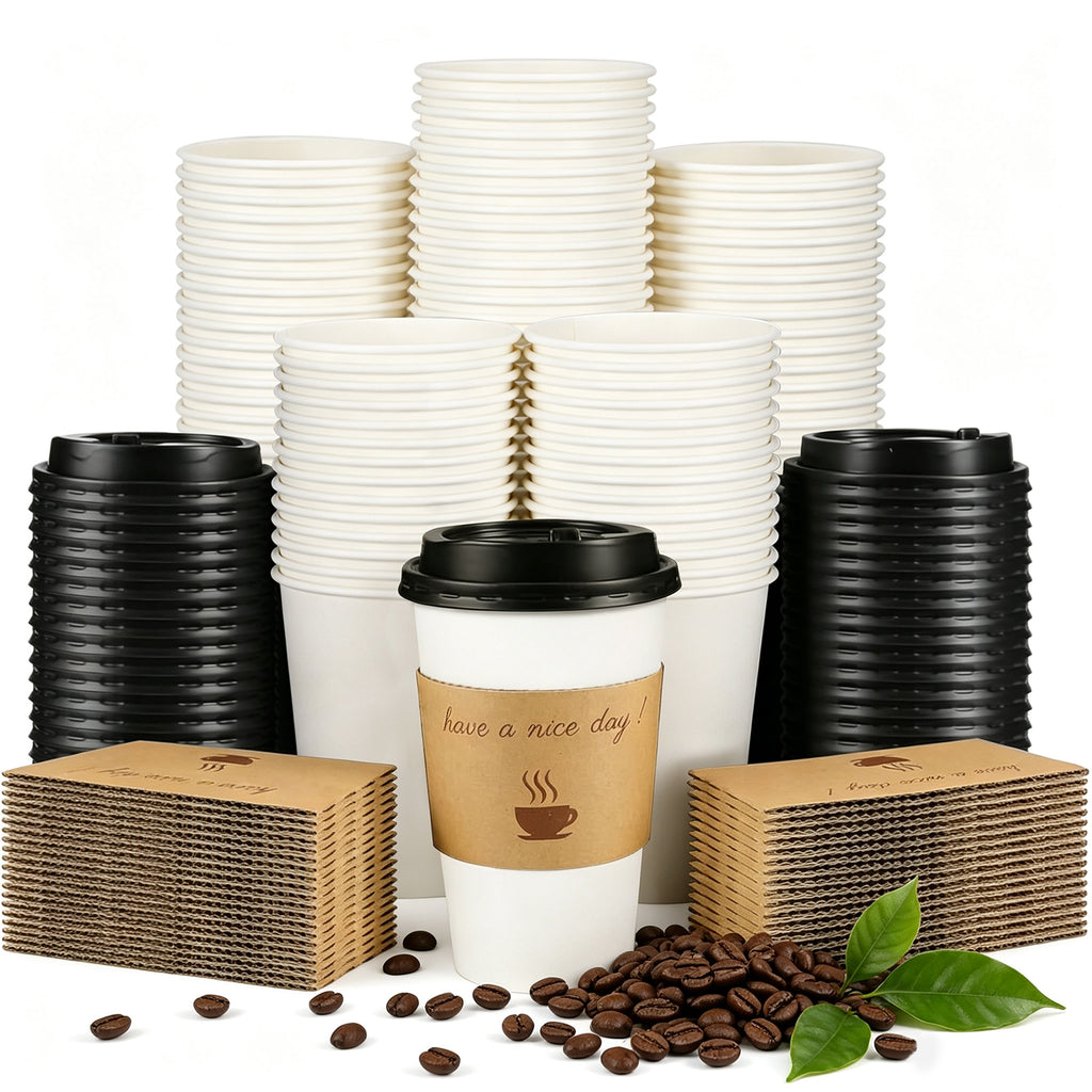 Lamosi 12/16oz Disposable Coffee Cups with Lids and Sleeves, Leak-free Insulated to Go Paper Hot Cups, 100 Count