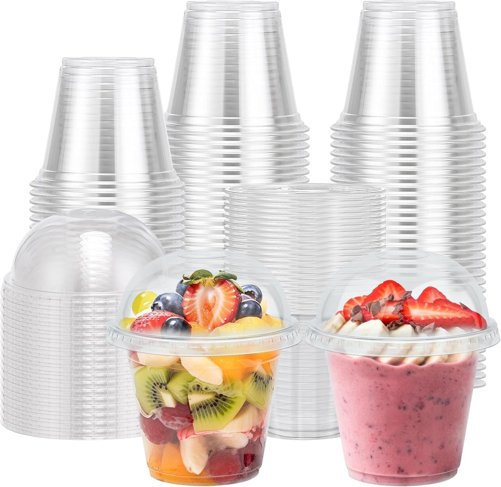 Lamosi 50/200 Pack 9oz Clear Plastic Cups with Dome Lids, Disposable Dessert Cups with Lids, Dessert Cups for Pudding