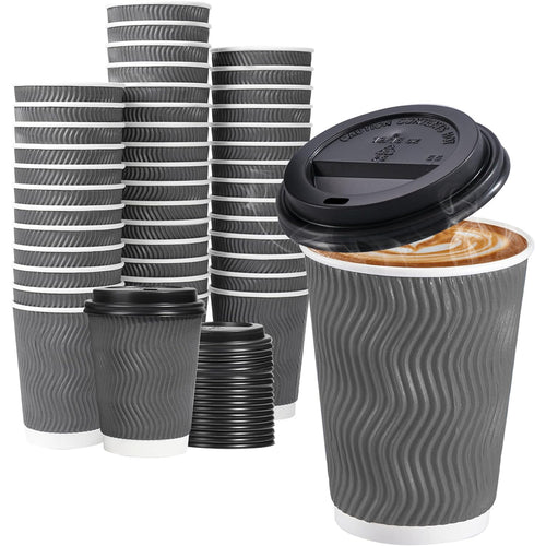 Lamosi 12 oz Paper Cups with Lids,Disposable Insulated to Go Cups,Ripple Double Wall,Grey 100 Count