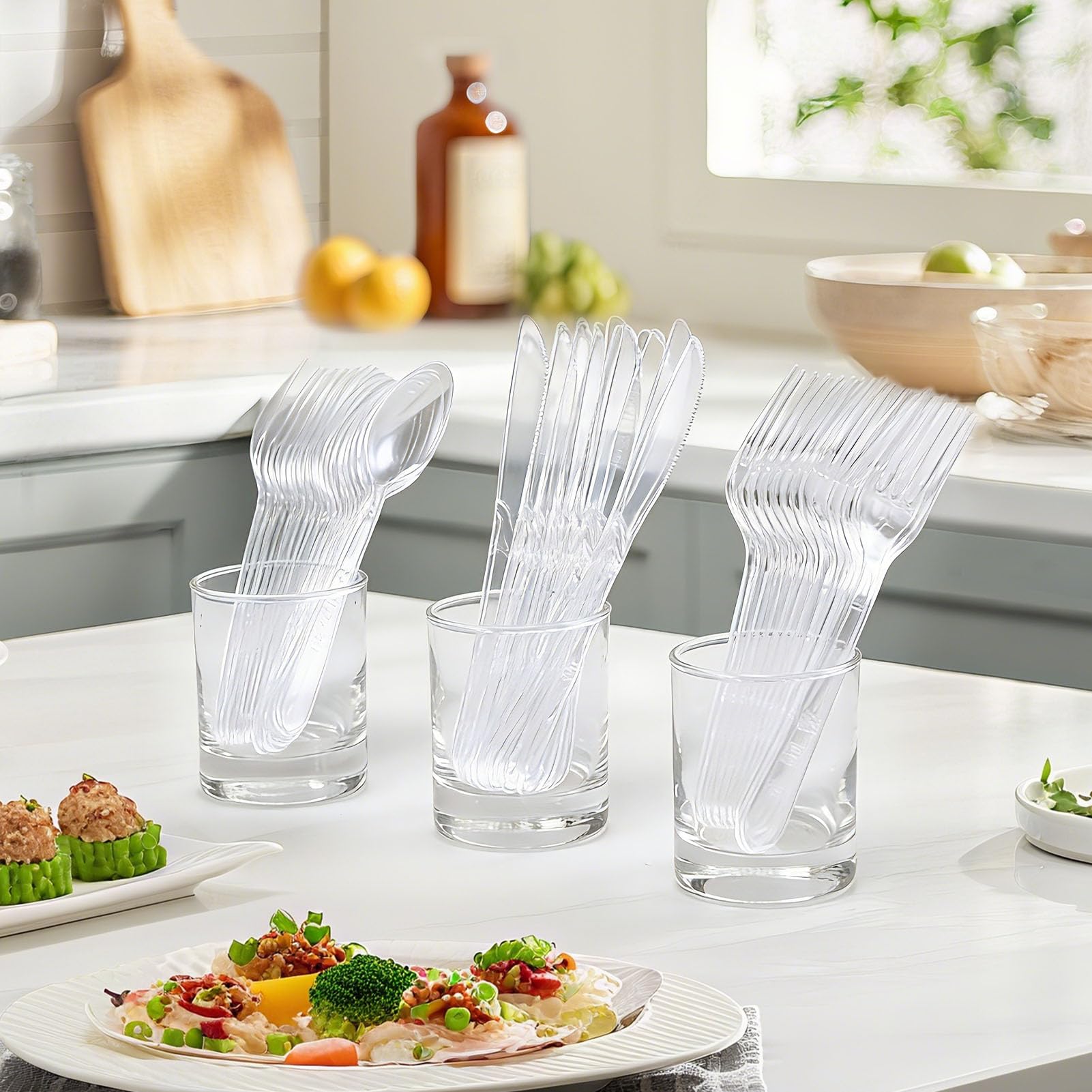 Lamosi 360 Count Extra Heavy Duty Plastic Silverware, Disposable Clear Plastic Utensils Set 150 Forks, 150 Spoons, 60 Knives , BPA-Free, Heat Resistant, Plastic Cutlery Set