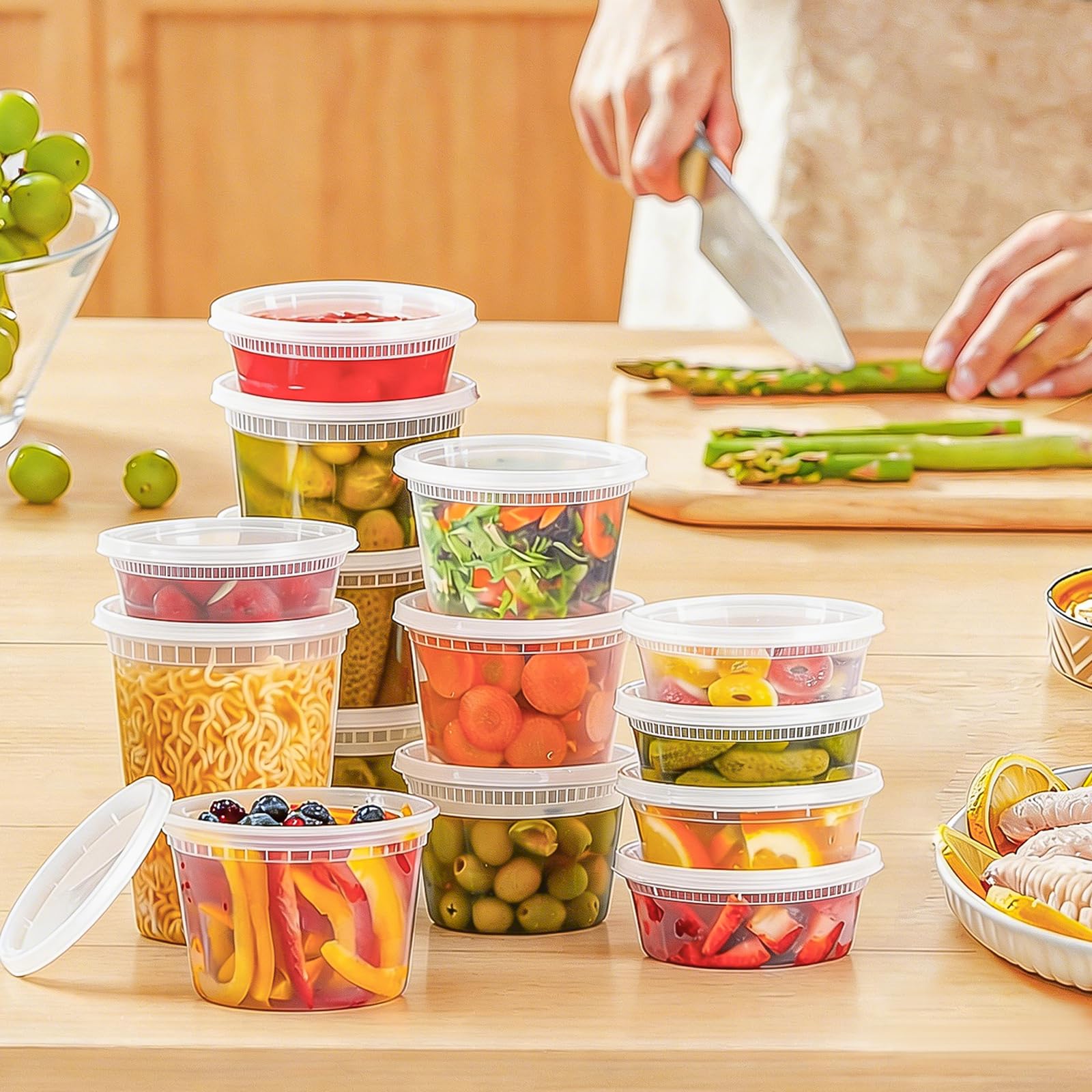 Lamosi 60 Sets 8/16/24/32 oz Plastic Deli Food Containers With Lids, Leak-Proof & BPA Free Airtight Stackable Takeout Plastic Food Storage Containers