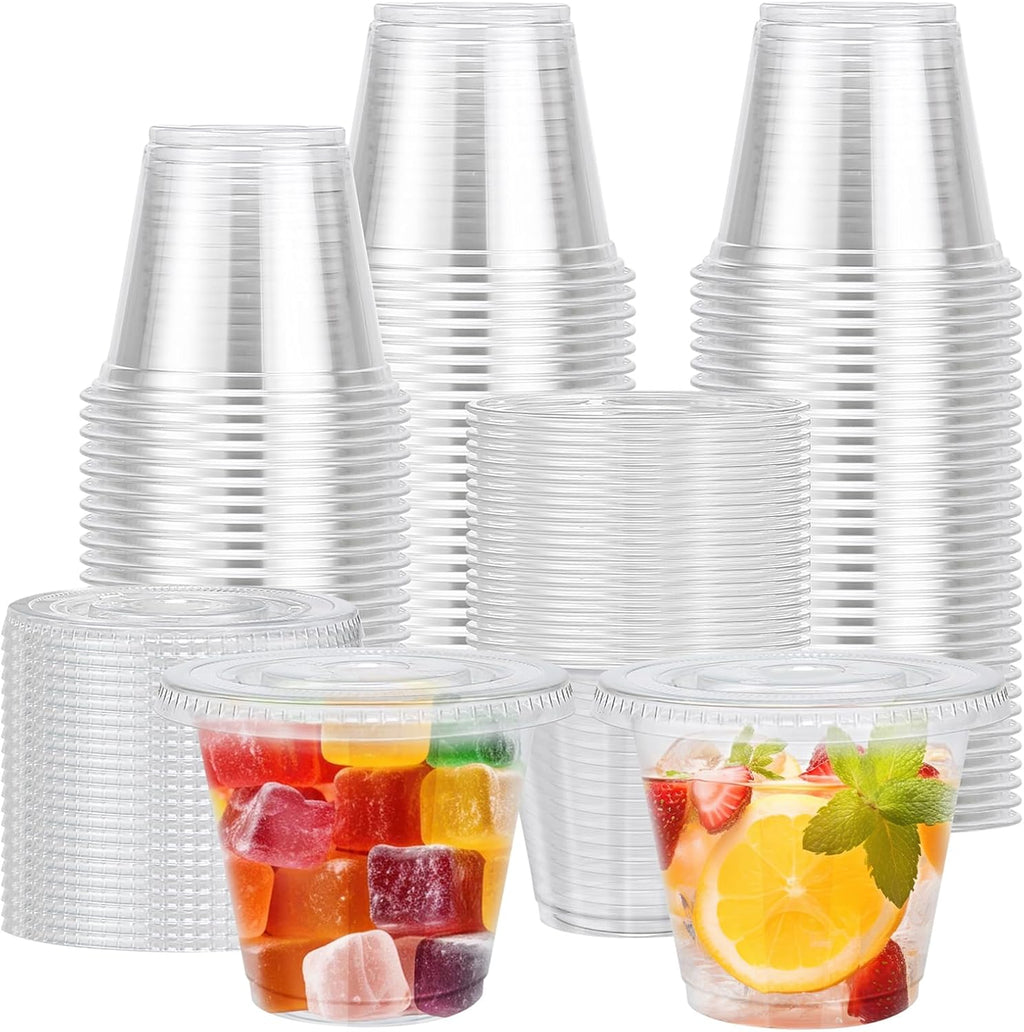 Lamosi 50/200 Pack 9oz Clear Plastic Cups with Dome Lids, Disposable Dessert Cups with Lids, Dessert Cups for Pudding