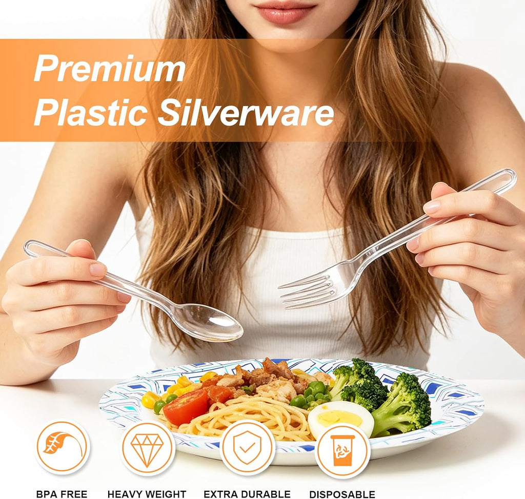 Lamosi 360 Count Clear Plastic Forks and Spoons, 180 Forks, 180 Spoons, Disposable Plastic Silverware BPA-Free, Heat Resistant for Wedding Party Supplies