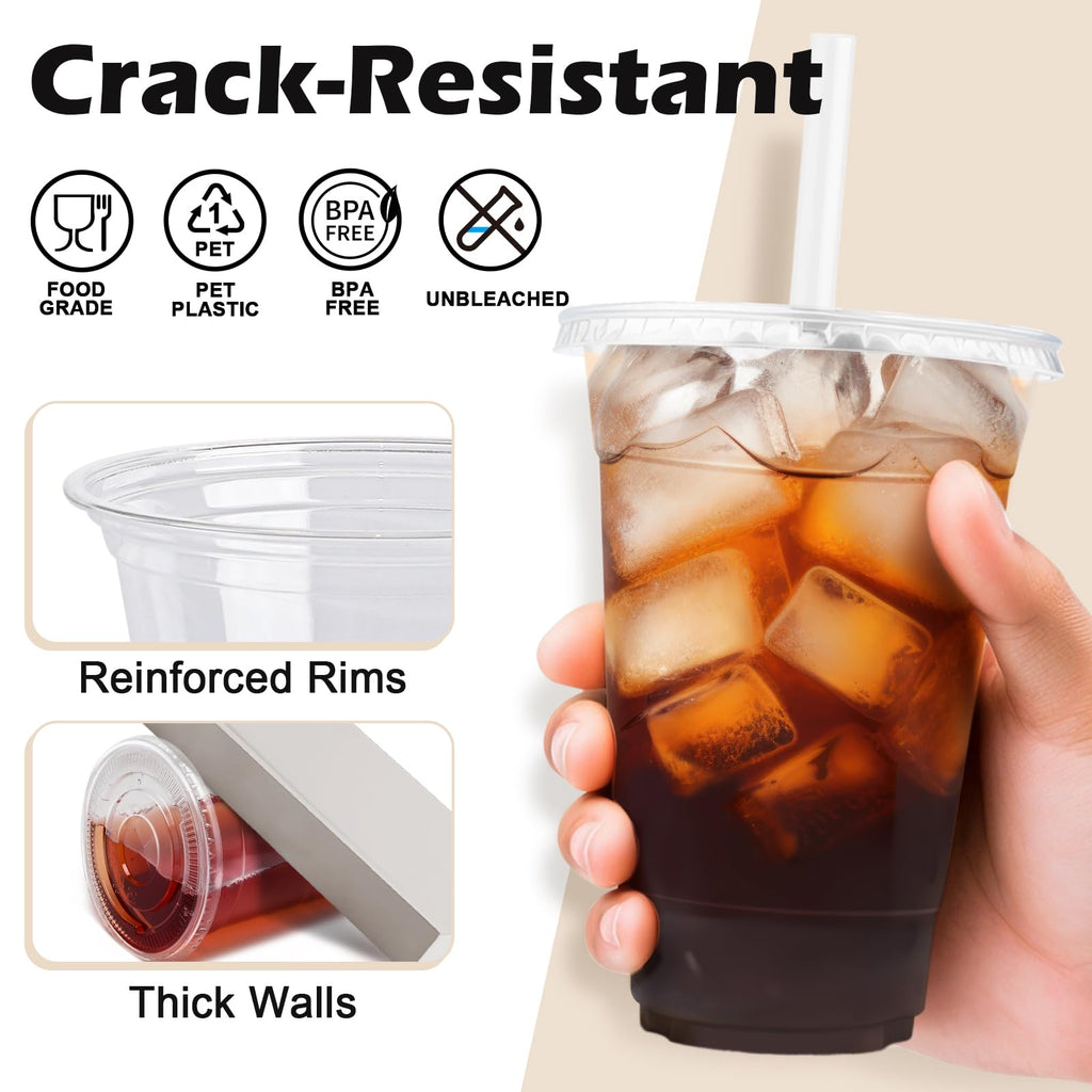 Lamosi 100 Pack 16 /20/24 oz Clear Plastic Cups with Lids and Straws, Disposable Plastic Coffee Cups with Lids for Iced Coffee, PET Food-Grade Material